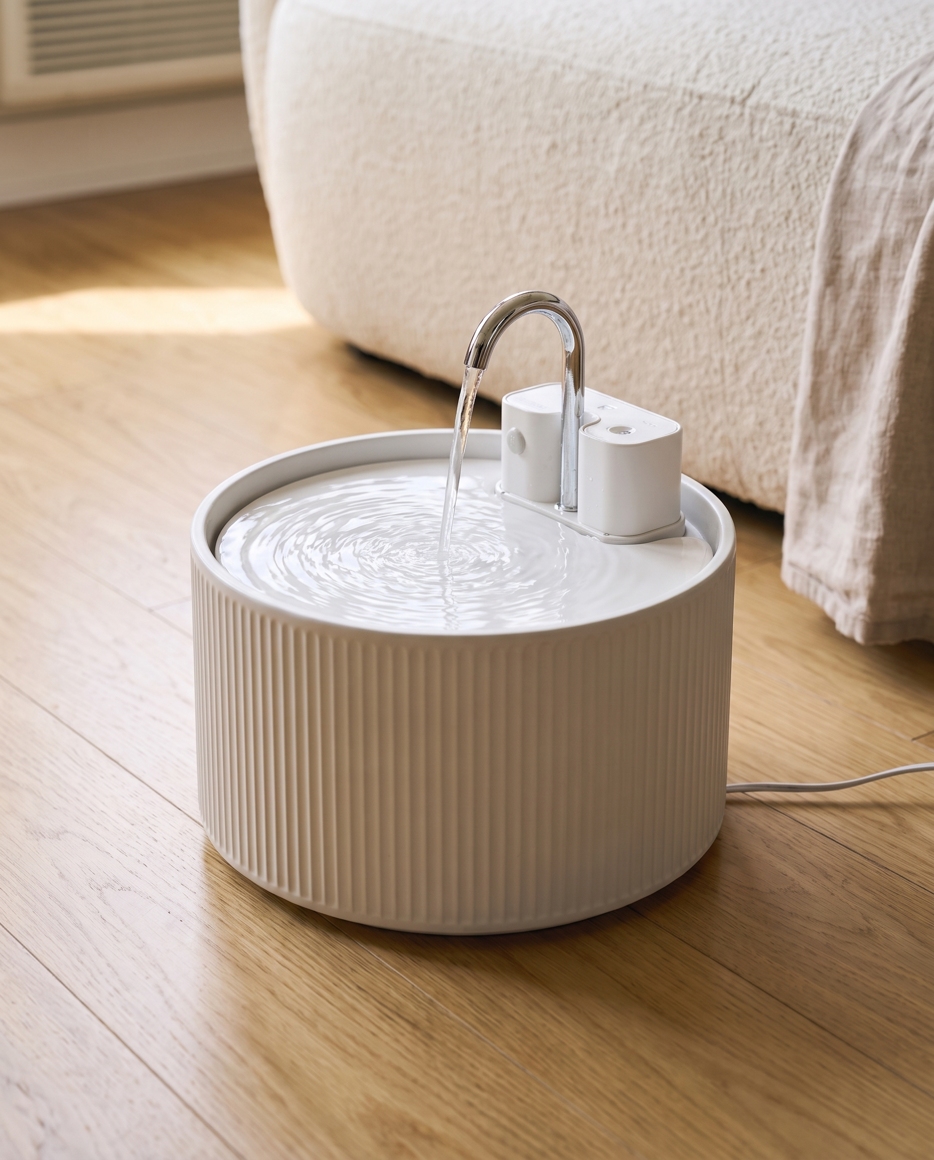 Close-up of Ondine's ribbed ceramic texture and chrome gooseneck faucet, showing the craftsmanship of the fountain