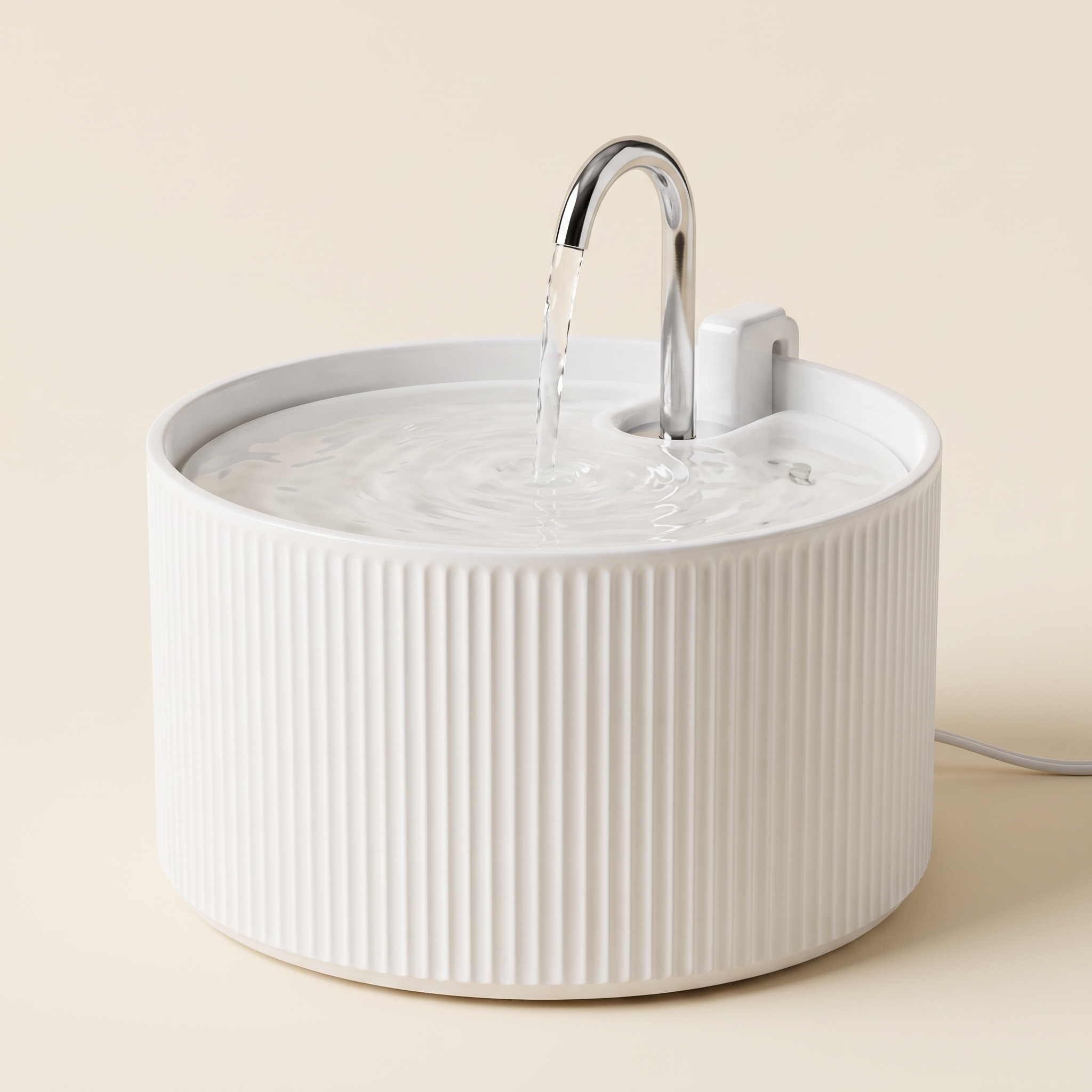 Ondine ceramic cat water fountain by Melwi — white fluted ceramic body with a curved chrome gooseneck faucet, water flowing, on a soft cream studio background