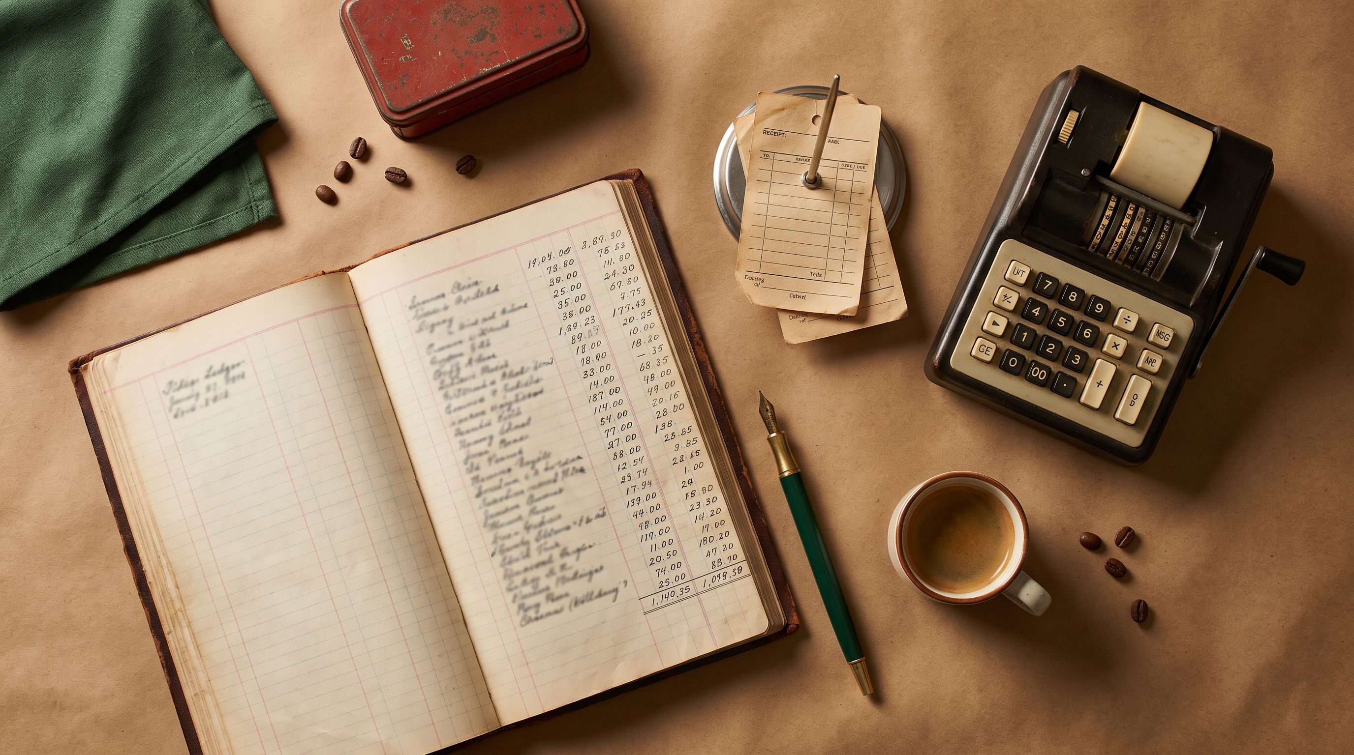 A closing-shift desk: ledger book, receipt spike, adding machine, and coffee cup