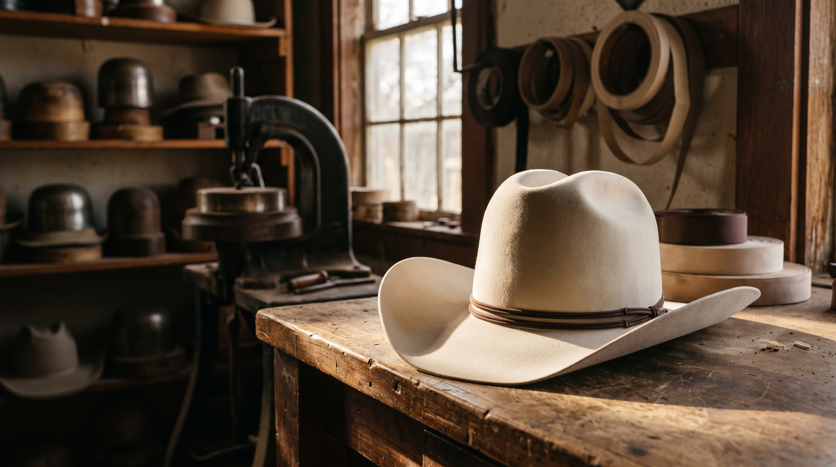 A finished silverbelly felt hat on a workbench with hat blocks and an iron press behind it