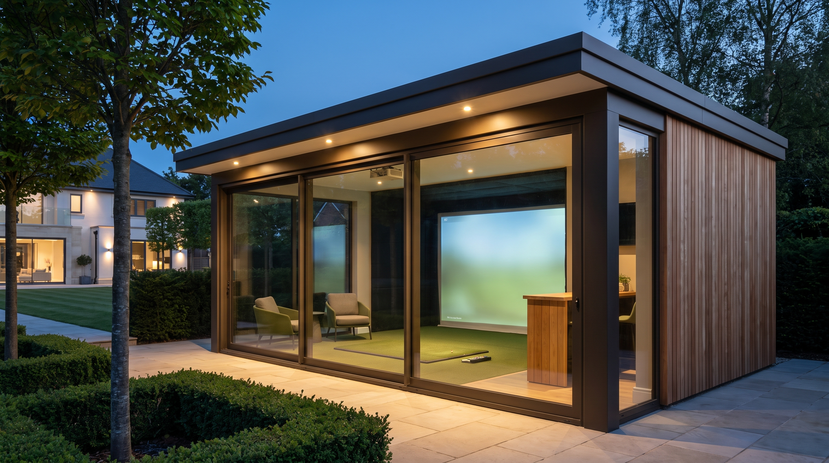Concept visualisation of a private golf room in a garden at dusk