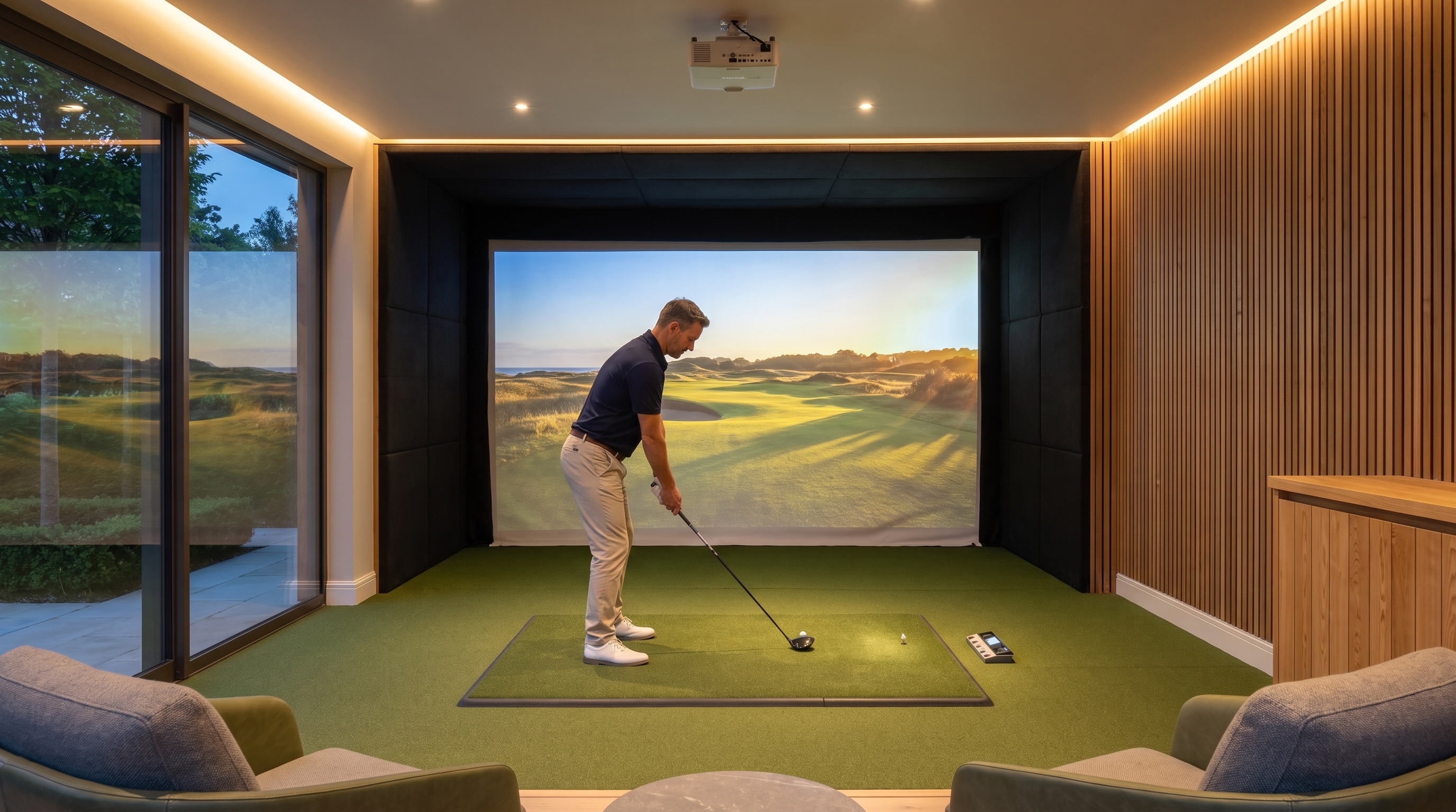 Panoramic screen, hitting area, lounge behind.