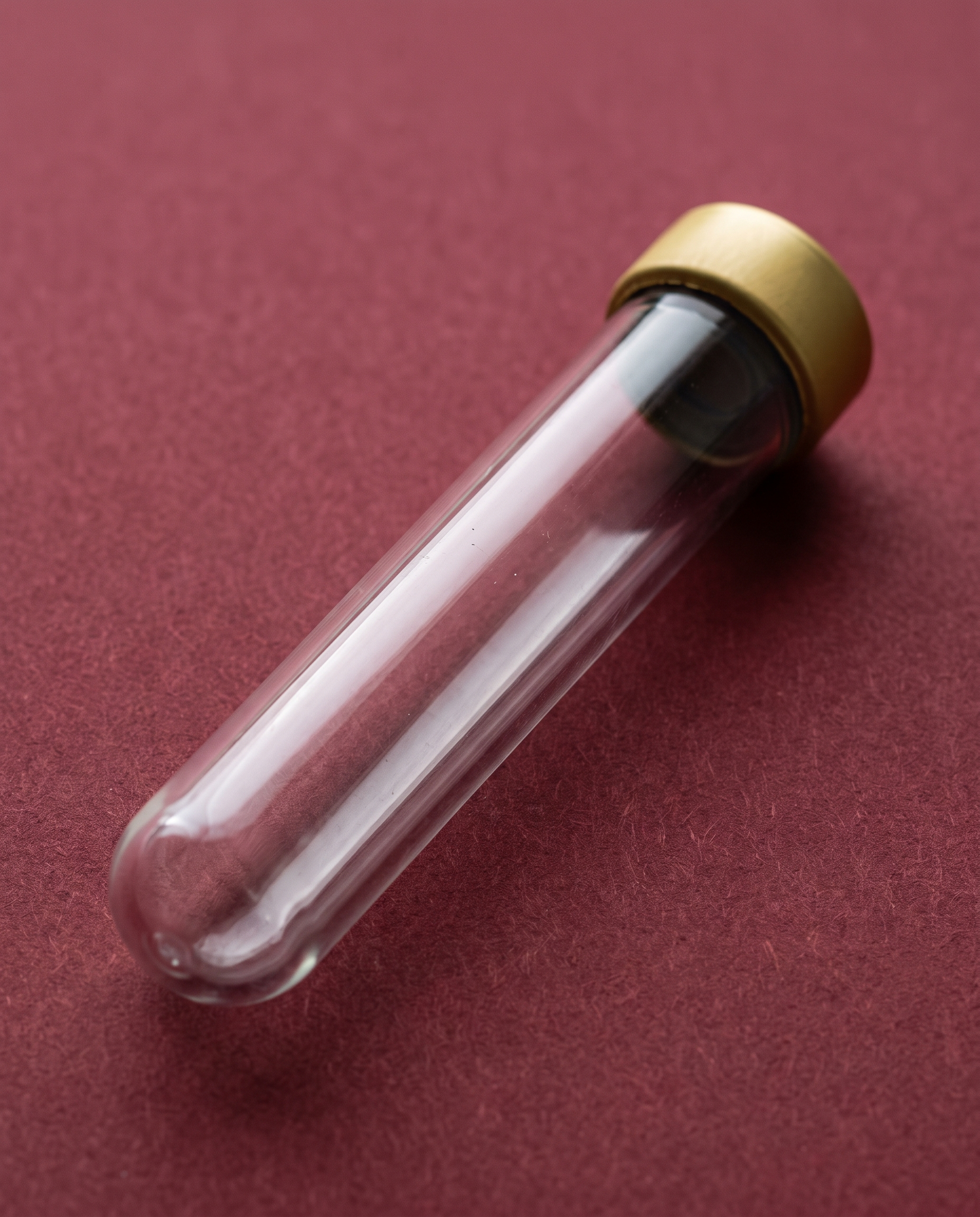 A single unlabelled blood collection tube on oxblood paper