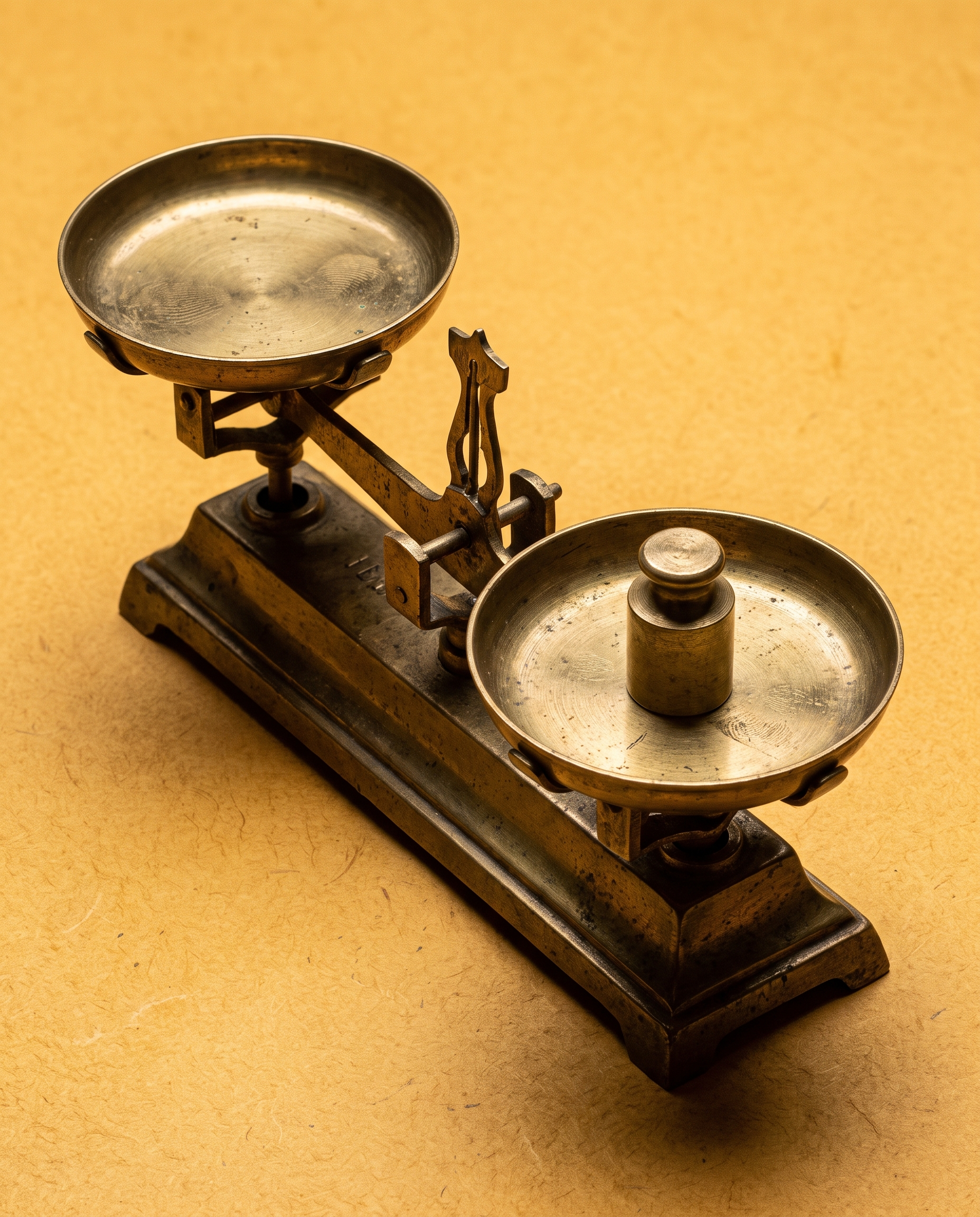 Macro of a brass balance scale tipped slightly off level on amber paper