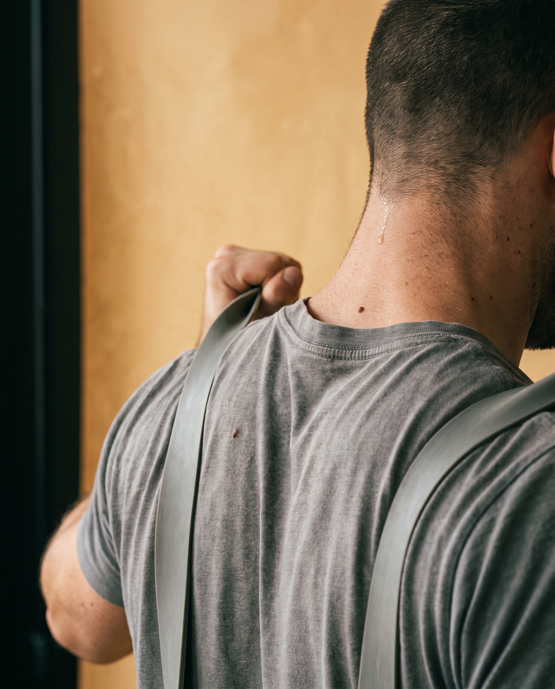 A close crop of a shoulder and upper back under tension