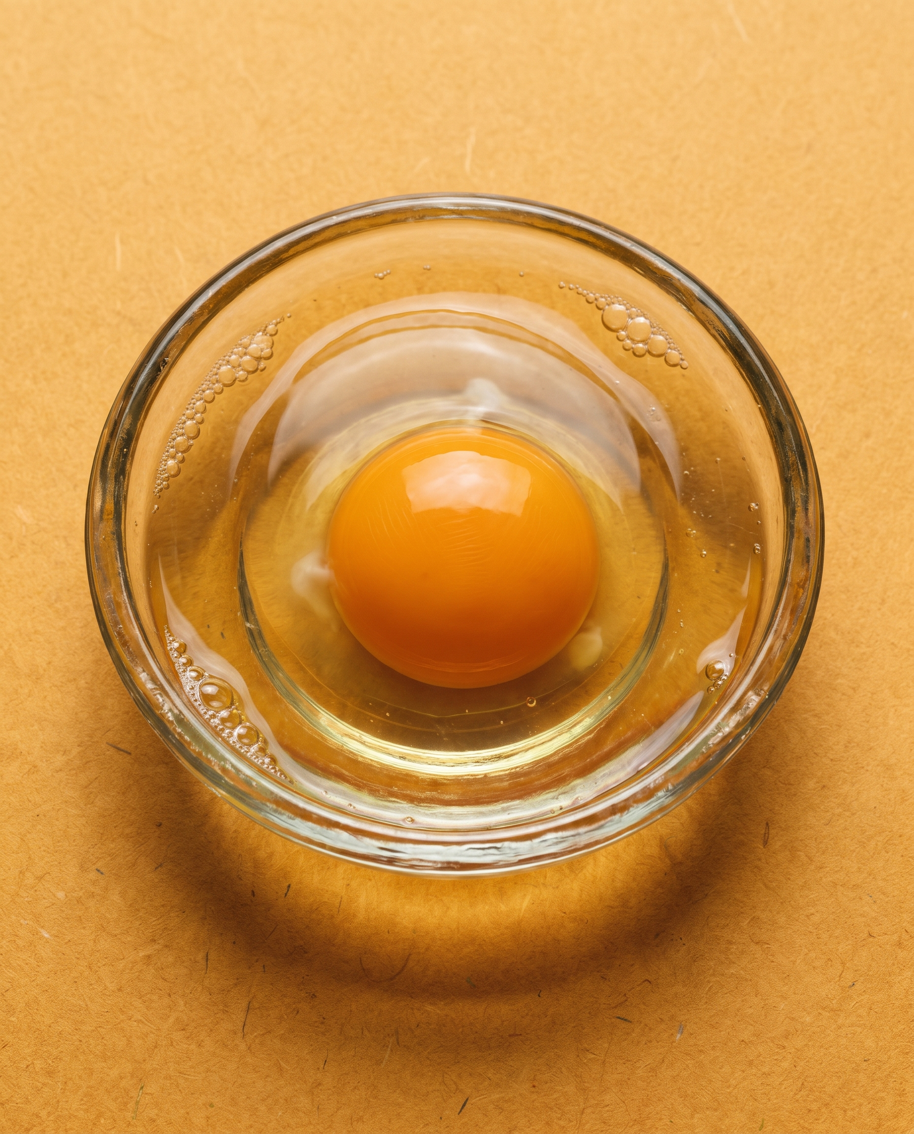 Macro of a raw egg in a shallow glass dish on amber paper