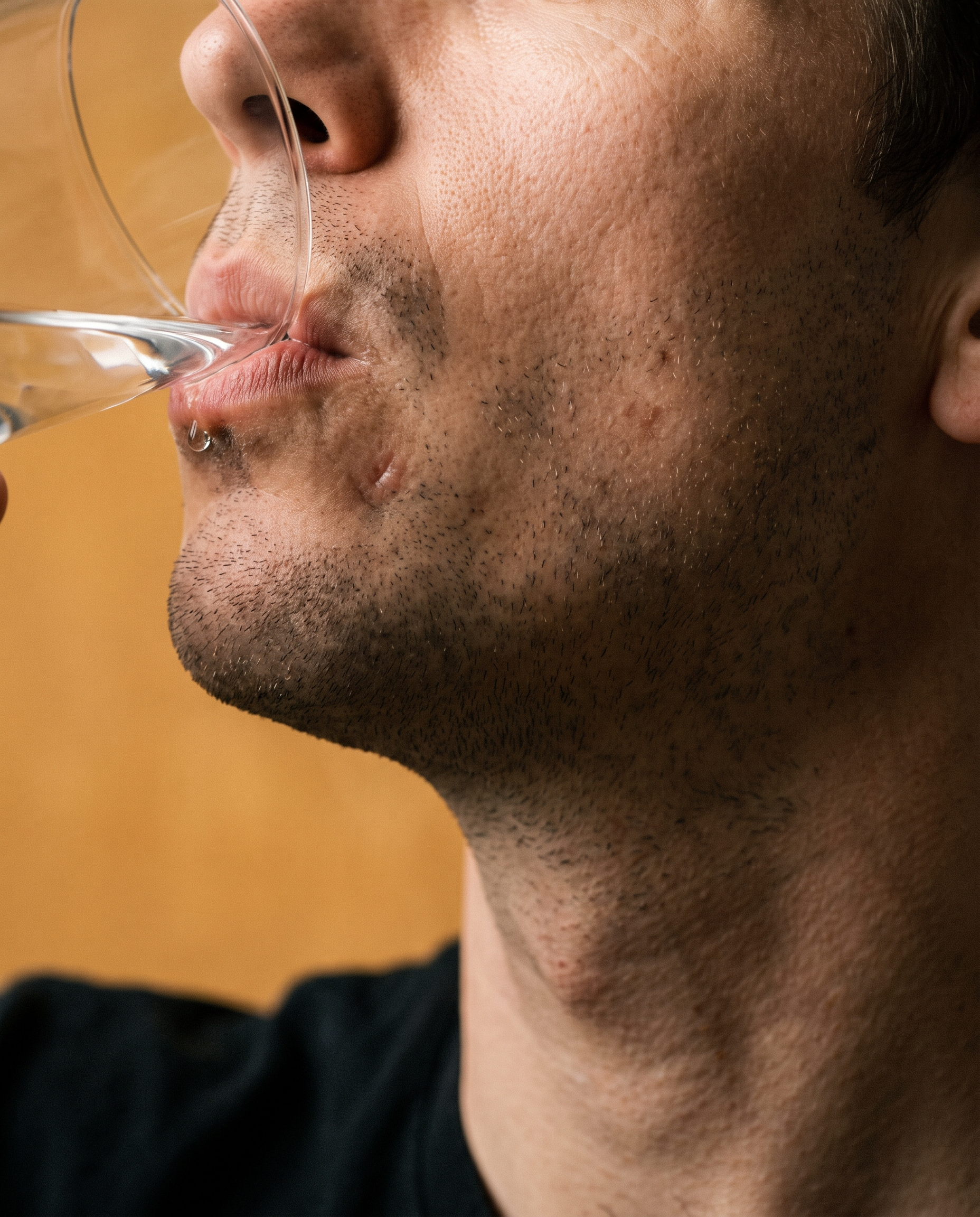 A very close crop of a jaw and throat mid-swallow, drinking from a plain glass