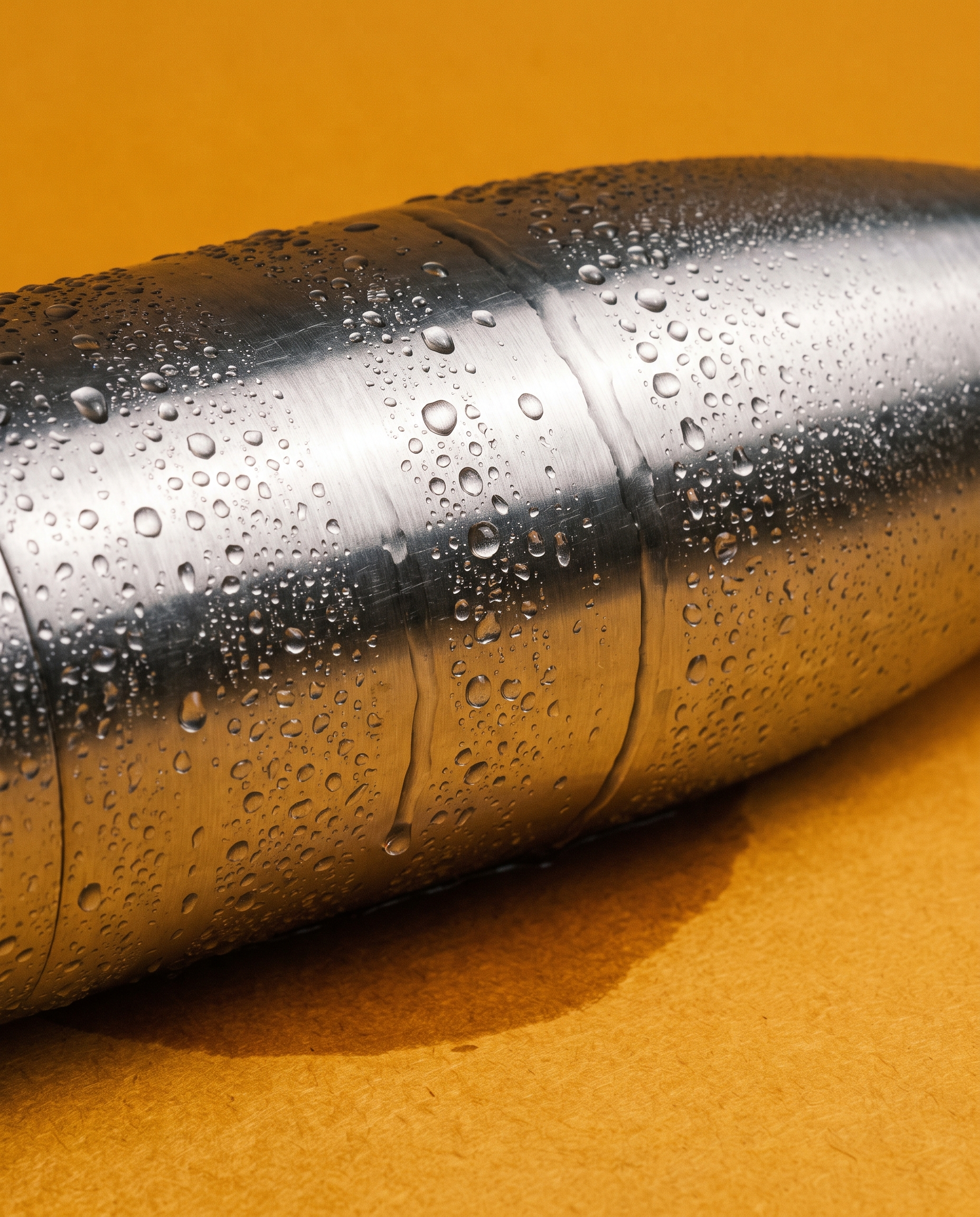Macro of a steel bottle on its side covered in condensation