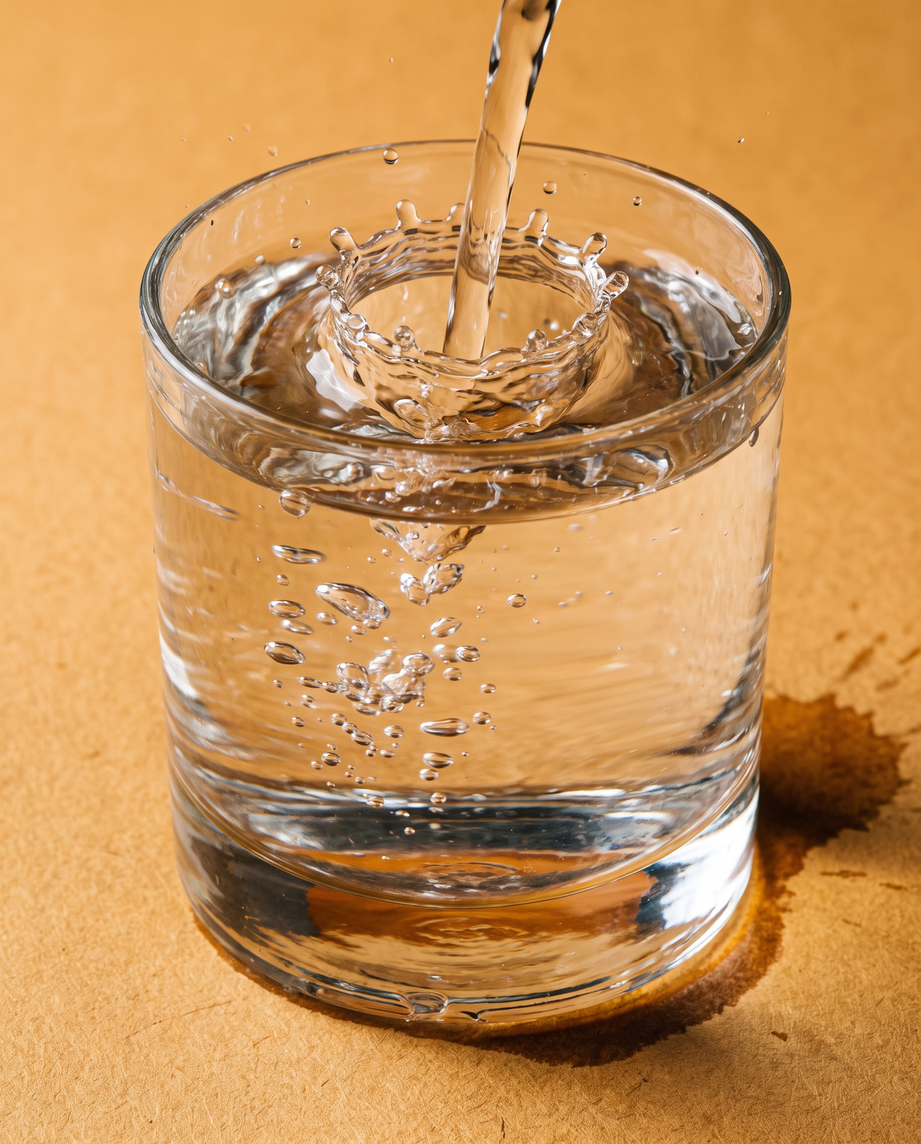 Macro of water landing in a thick glass tumbler on amber paper