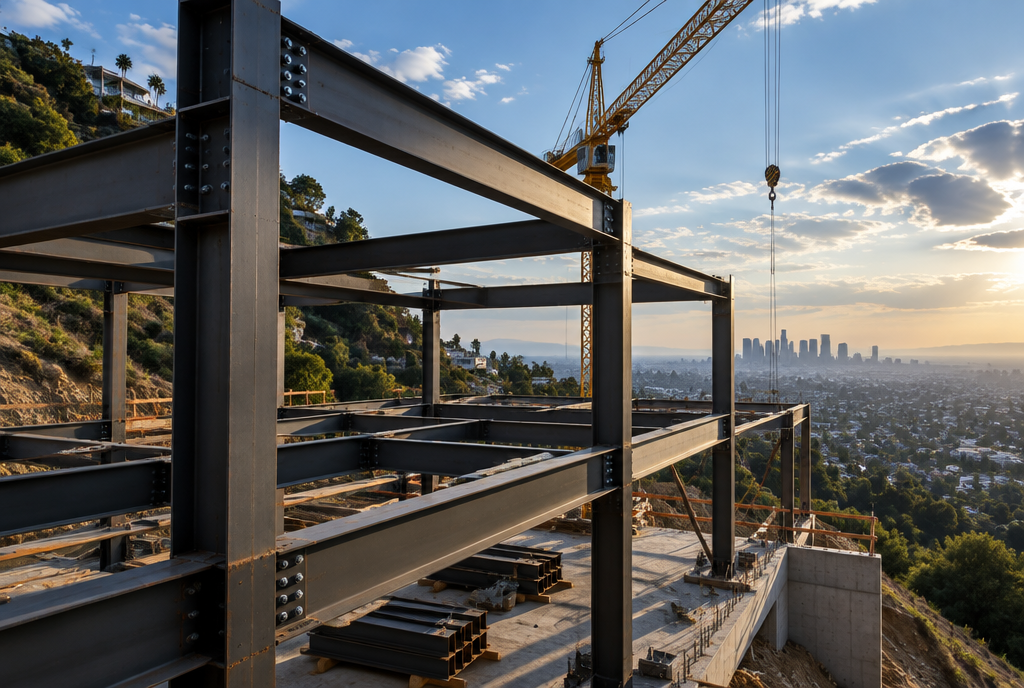 Structural steel moment frame on a hillside residence