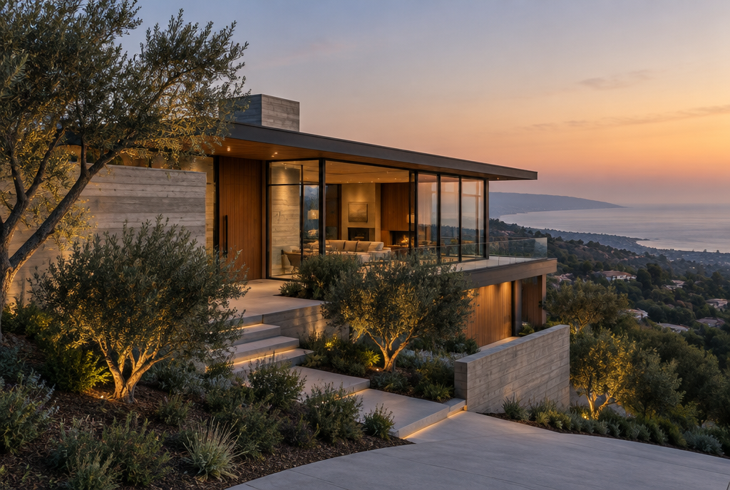 Luxury custom home at dusk overlooking the Pacific