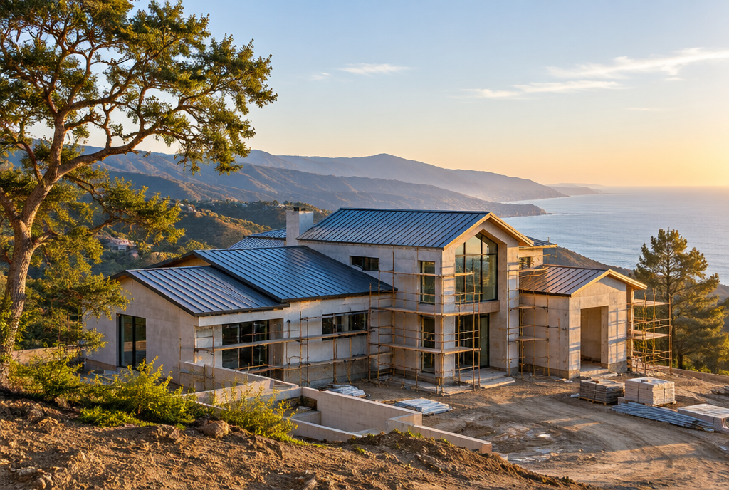 Fire rebuild home under construction in the Malibu hills