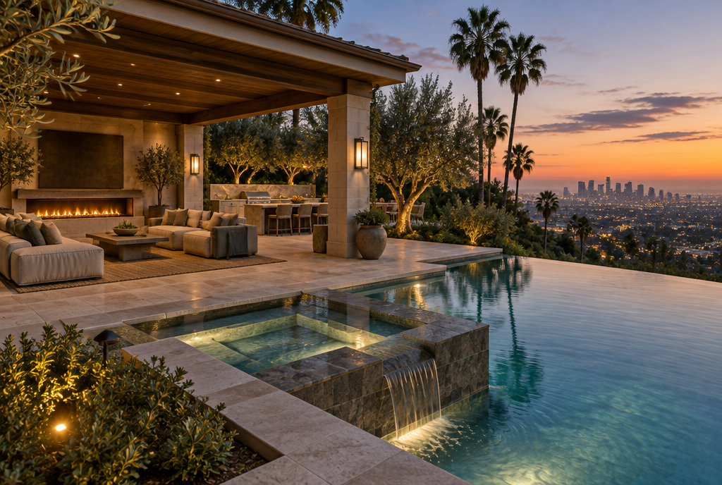 Luxury outdoor living space with covered loggia, fireplace, infinity pool and spa at dusk