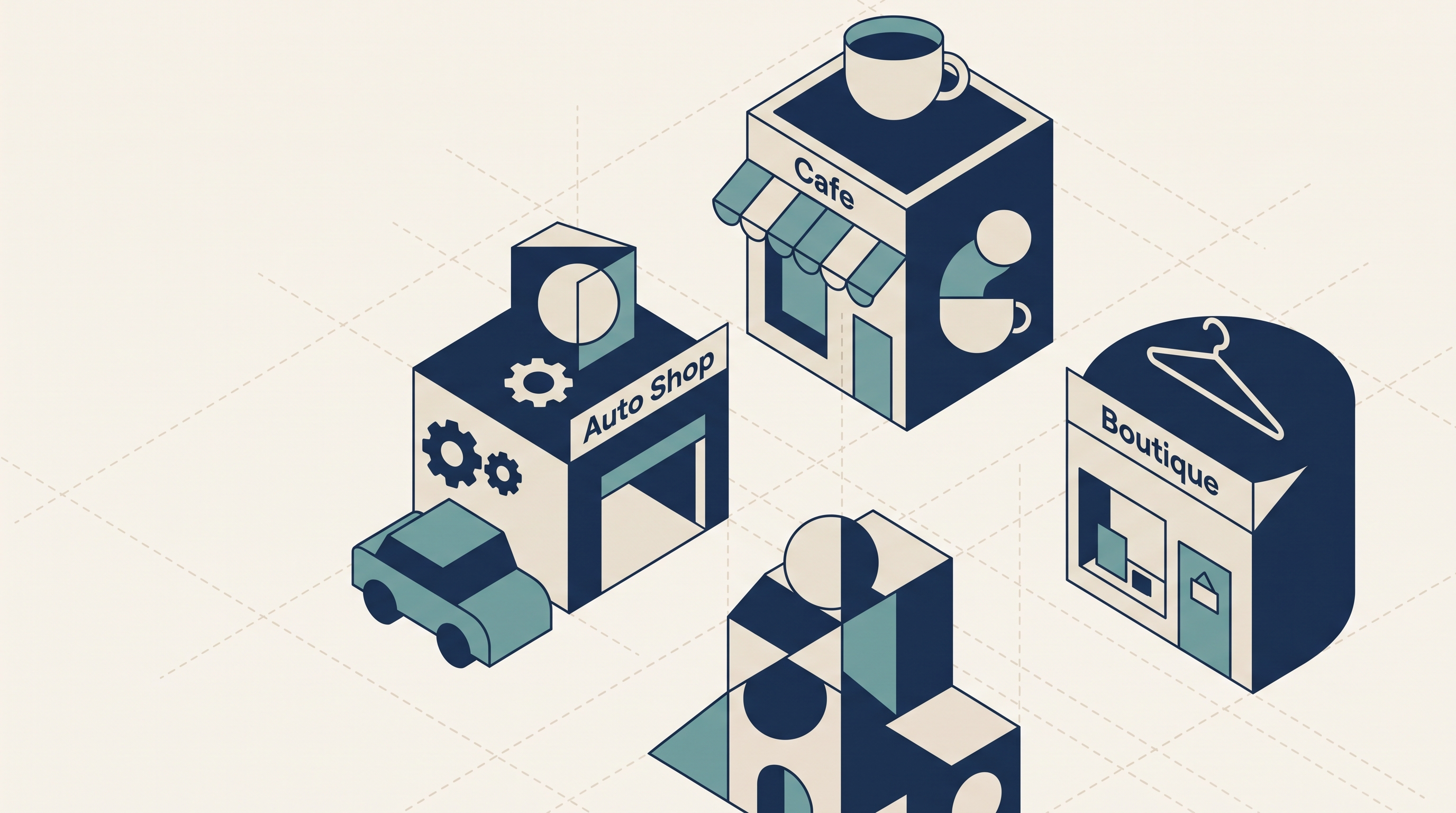Flat illustration of small local storefronts, an auto shop, a cafe, and a boutique, in the Foundworks navy and teal palette