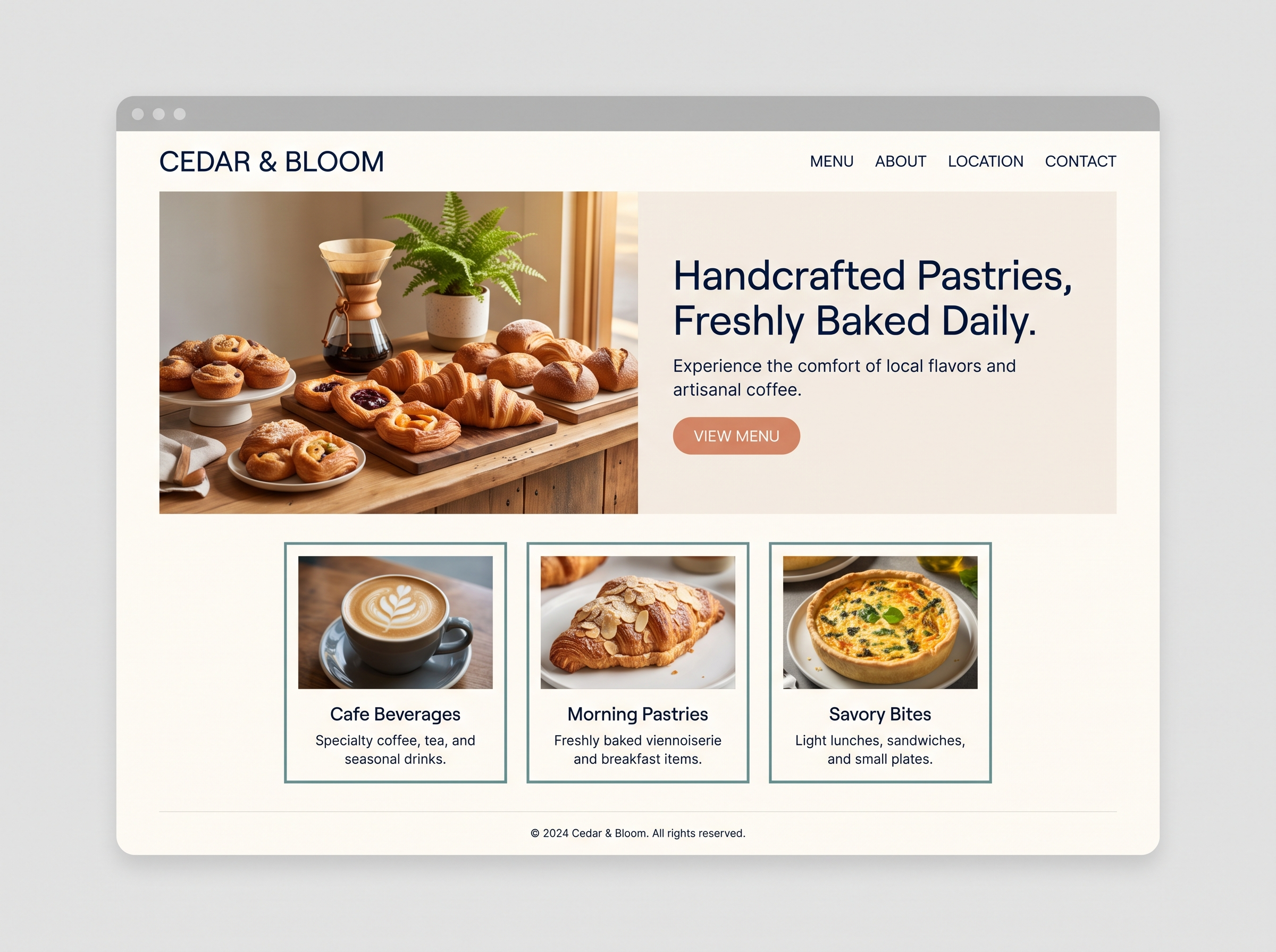 Homepage concept design for a boutique cafe called Cedar and Bloom