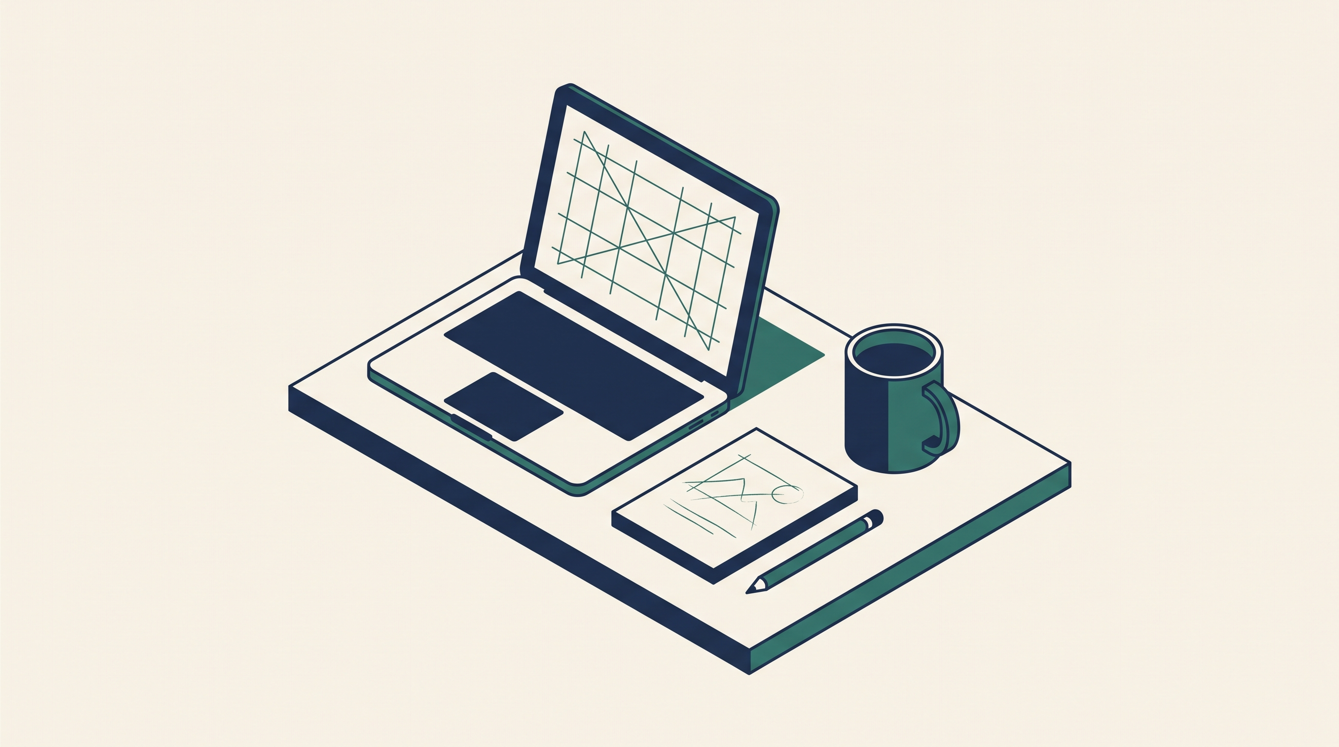 Flat illustration of a laptop showing a wireframe, a sketch notebook, and a coffee mug on a desk