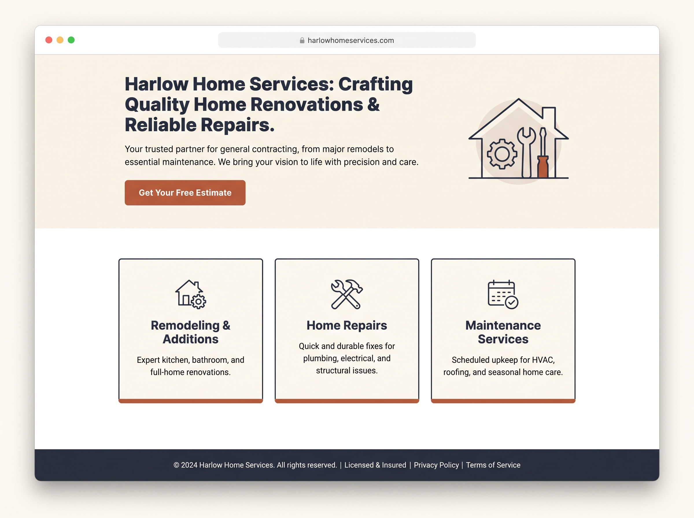 Homepage concept design for a home services and general contracting business called Harlow Home Services