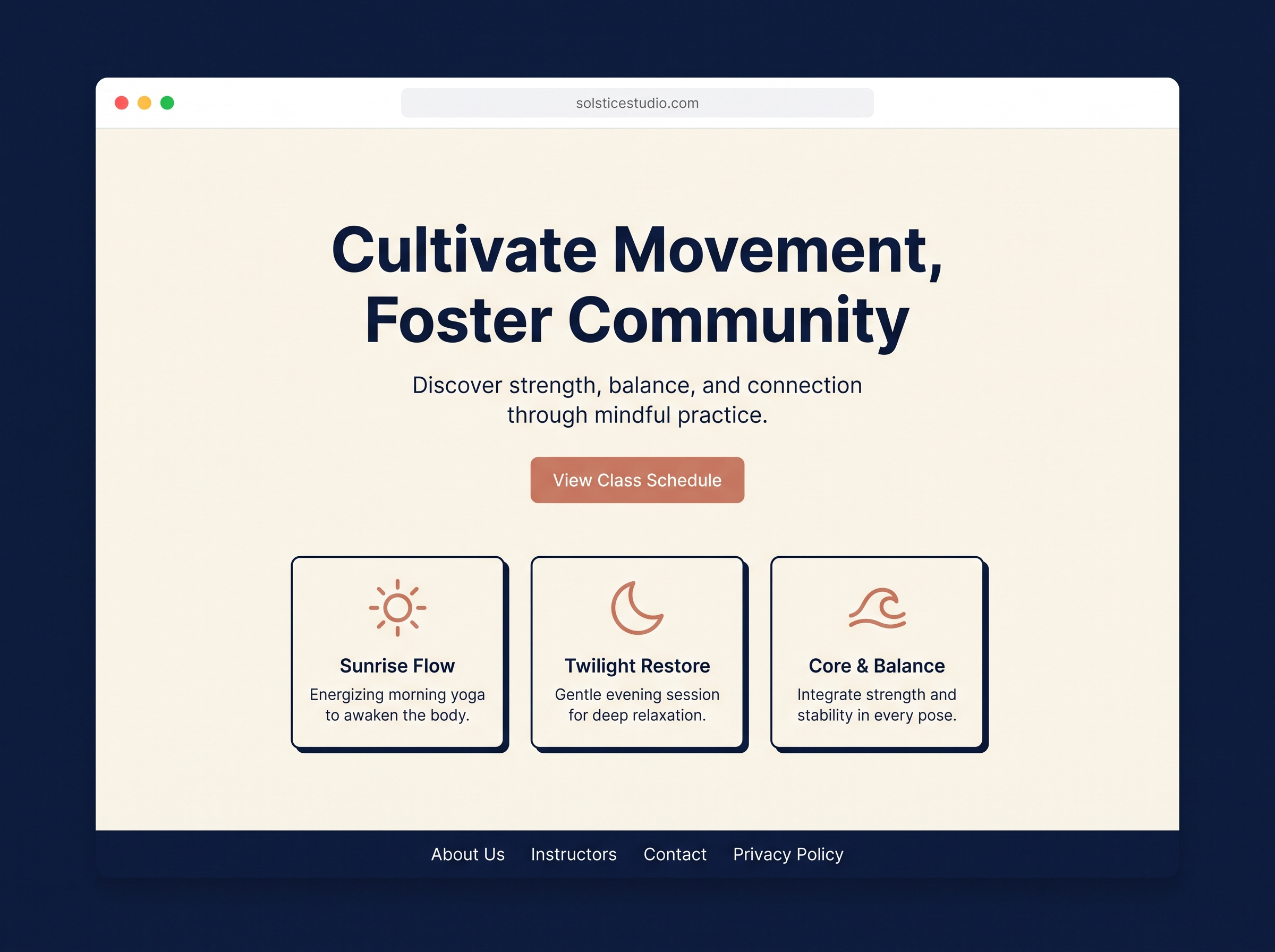 Homepage concept design for a boutique fitness and yoga studio called Solstice Studio