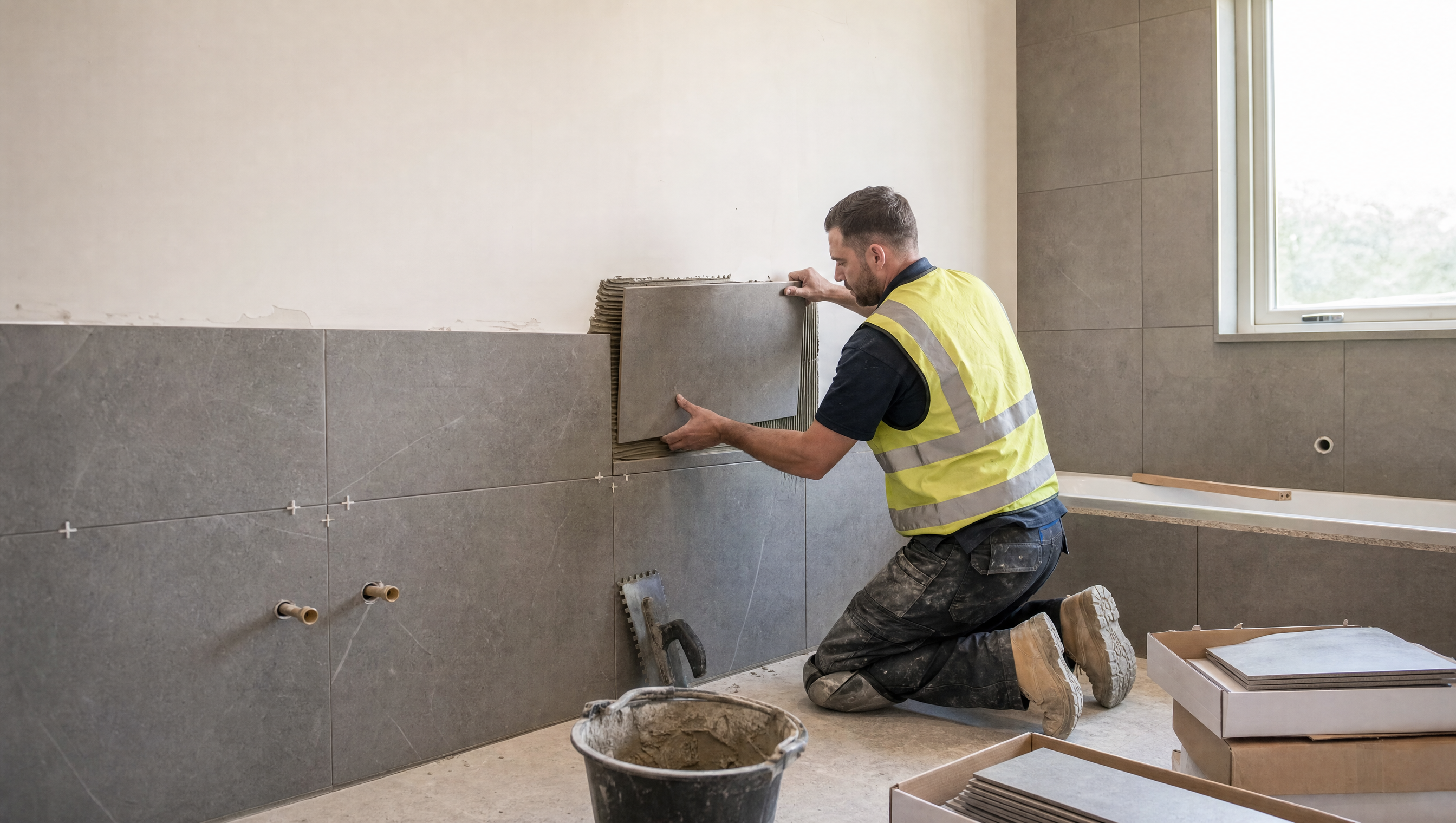 Tradesperson tiling a bathroom wall inside a London home