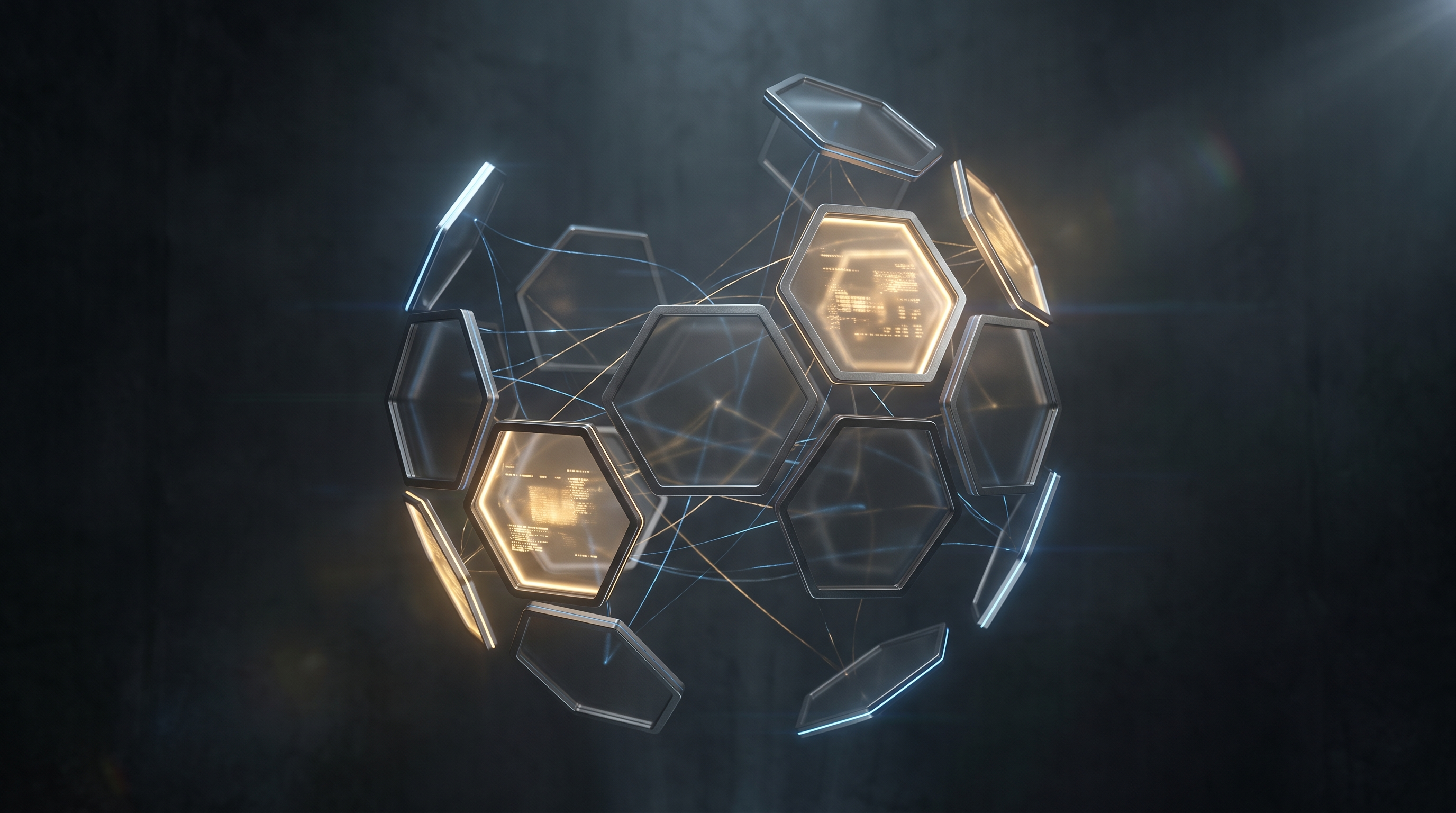 A floating futuristic digital ecosystem of glass hexagonal panels connected by glowing gold data-lines, representing Upscale's connected approach to growth