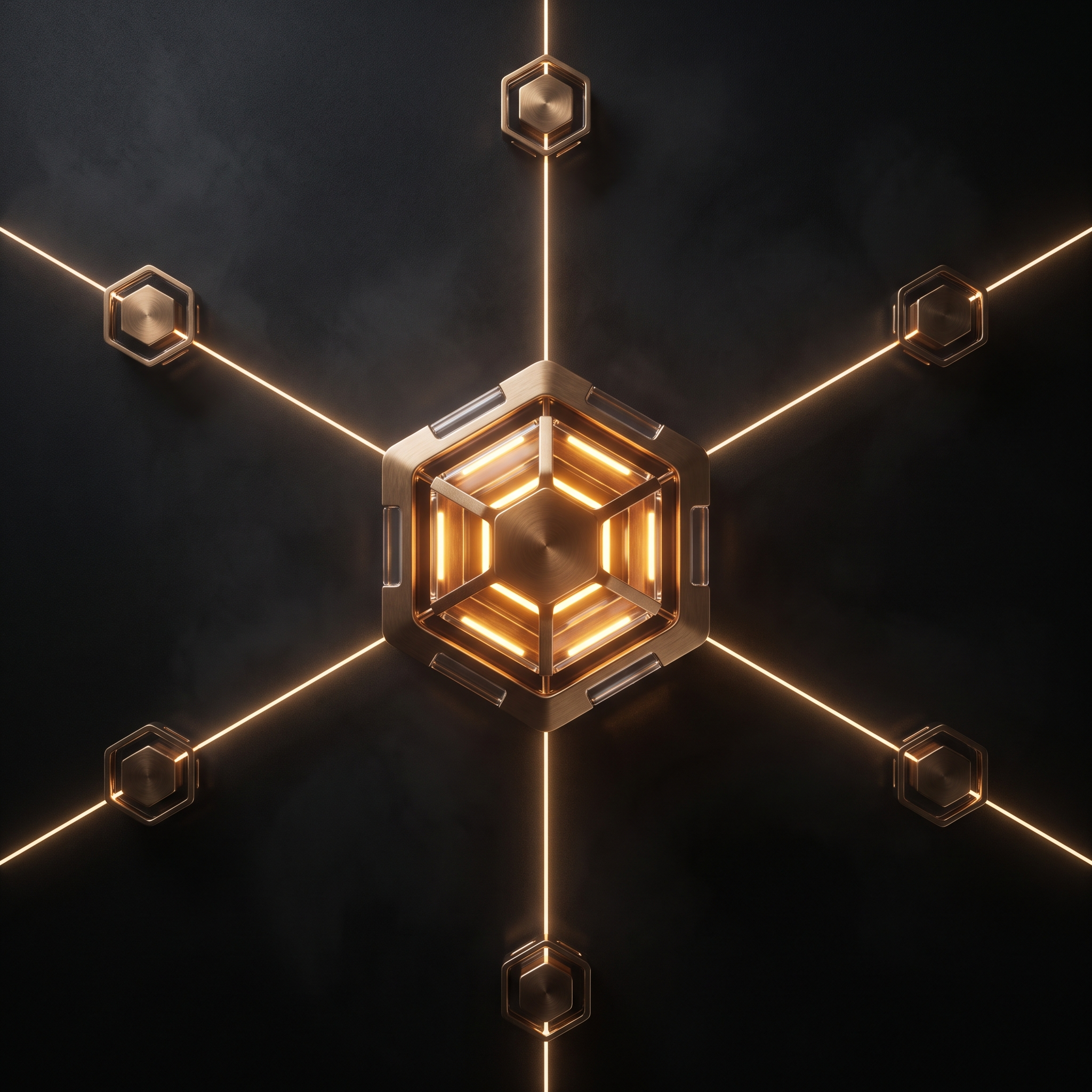A glowing central node connected to five satellite nodes, representing strategy, design, technology, marketing and growth working as one system