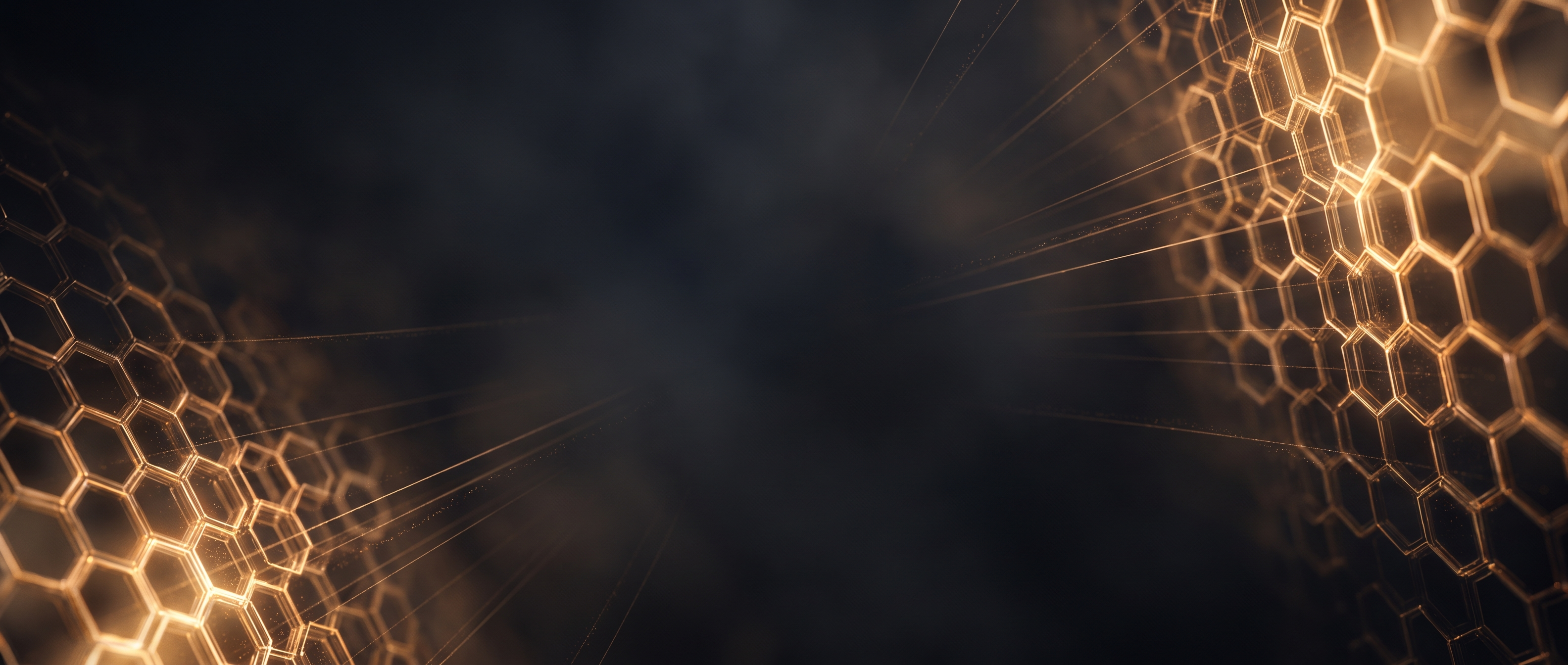 An abstract glowing gold geometric structure expanding outward into darkness