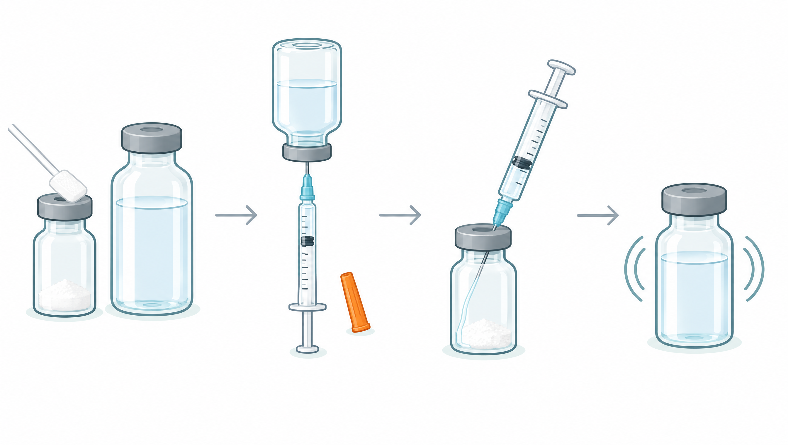 Four-step diagram of peptide reconstitution: clean the vial stopper, draw bacteriostatic water, let it run down the inside of the vial wall, then swirl gently until clear