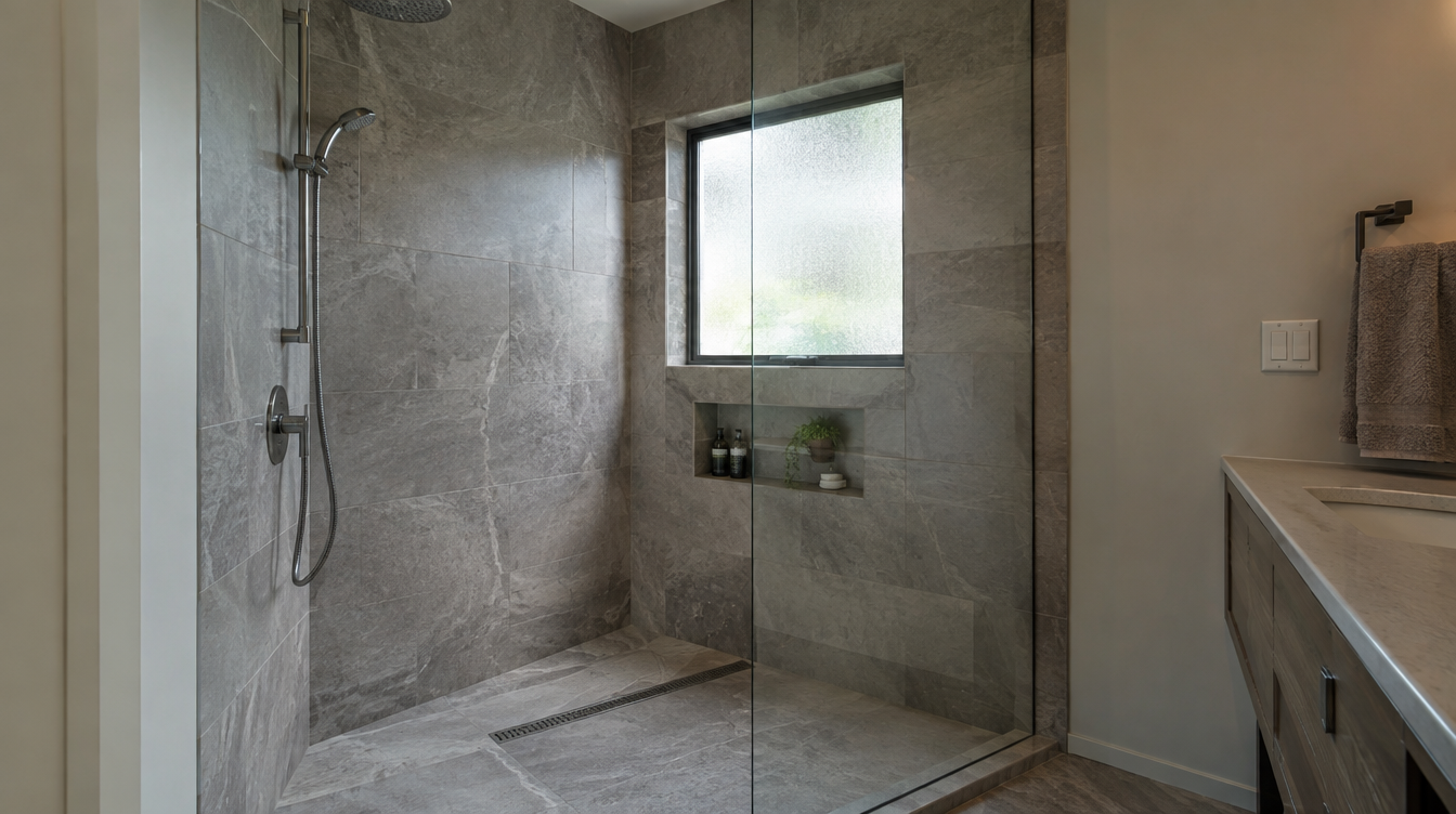 Walk-in shower bathroom remodel with careful waterproofing details
