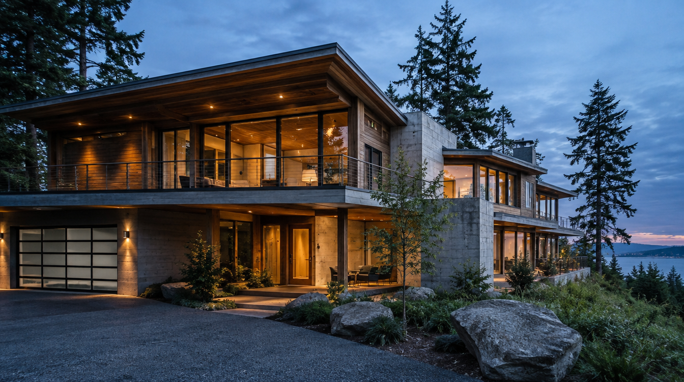 Contemporary custom home exterior in a forested Pacific Northwest setting