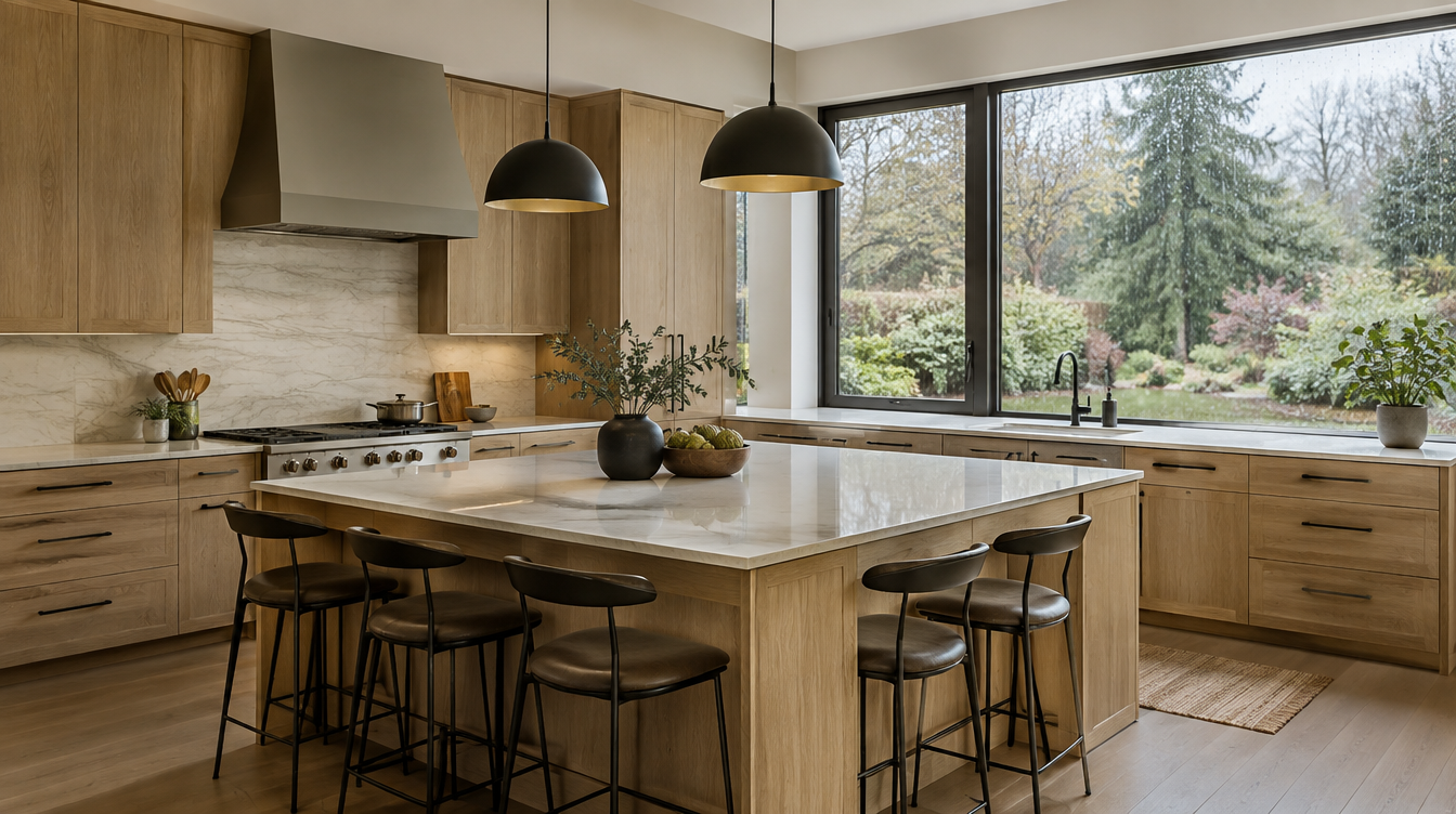 Remodeled Pacific Northwest kitchen with island and garden window