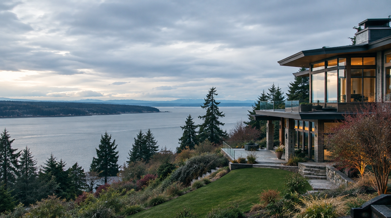 Custom home on a hillside with soft Puget Sound light