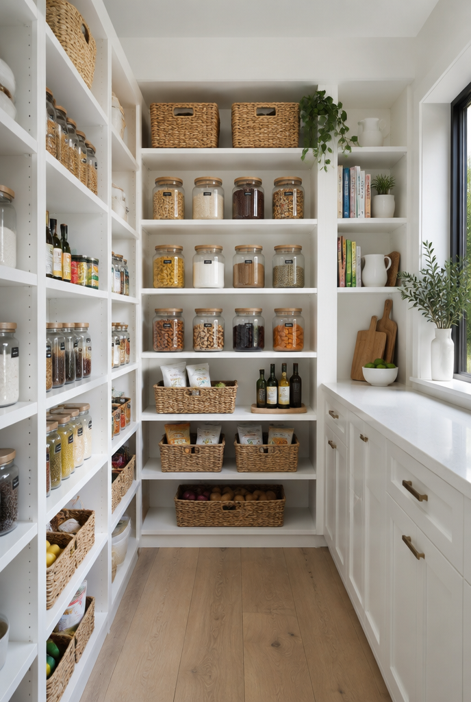 Walk-in pantry with full-height shelving and white shaker doors