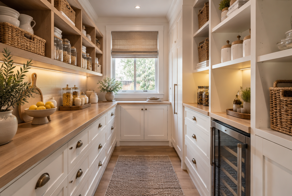 Butler pantry with open shelving and warm timber benchtop