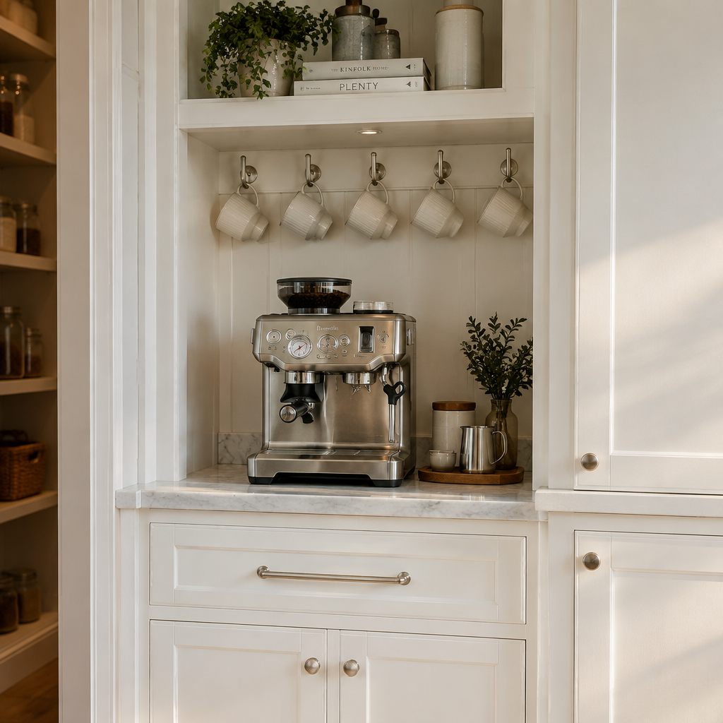 Coffee station with marble surface and under-shelf hooks