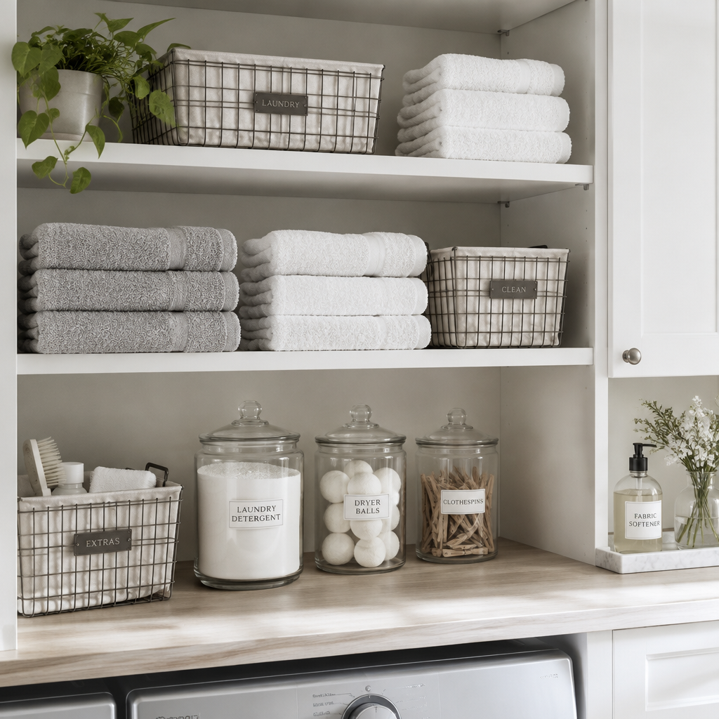 Linen shelf with folded towels and styled jars