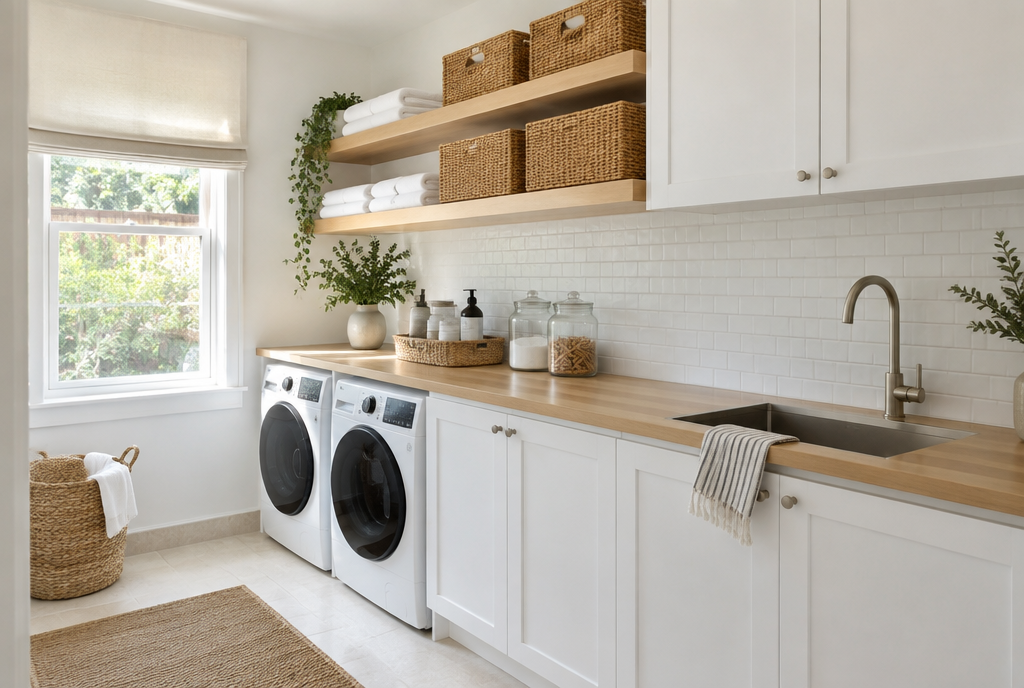 Bright white laundry with shaker cabinets and timber benchtop