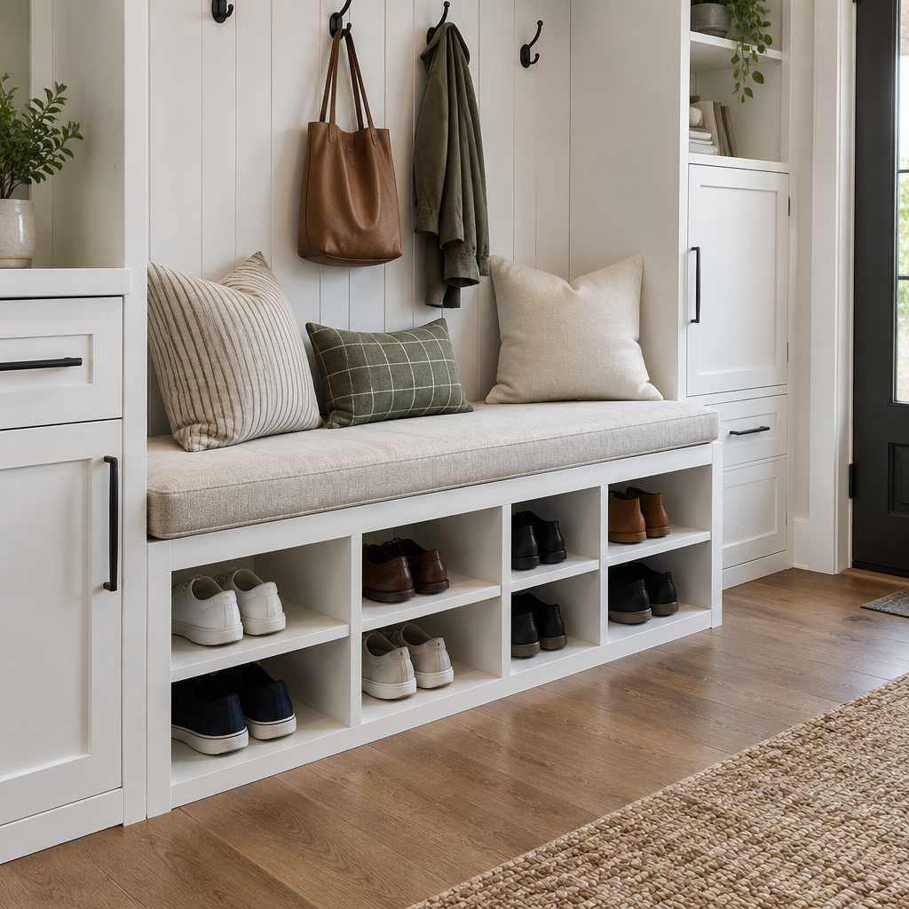 Built-in bench with cubbies below and cushion on top