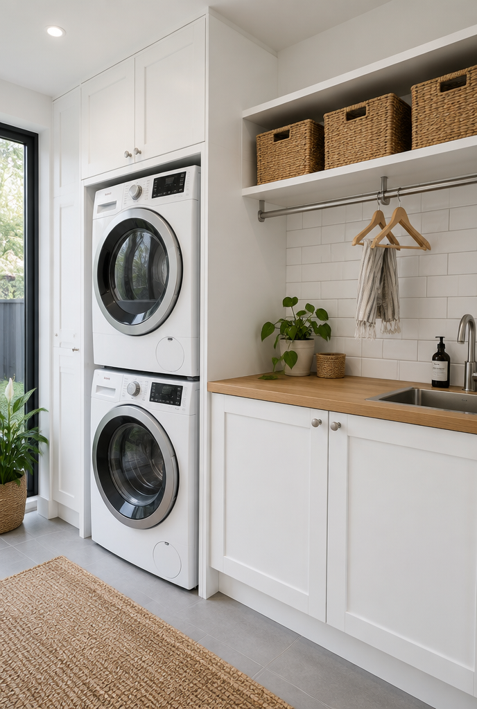 Full laundry room with washer-dryer, overhead cabinets and hanging rail