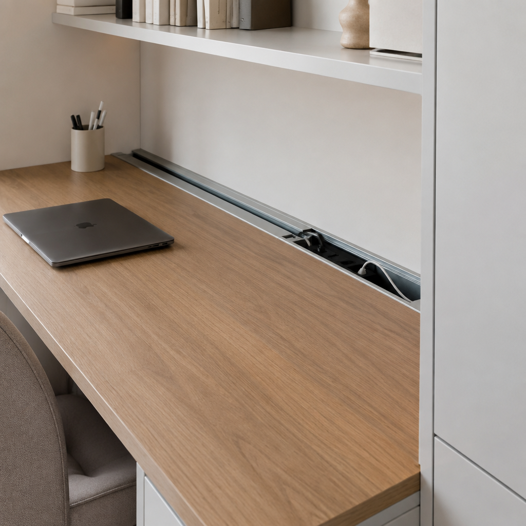 Cable management channel detail on built-in desk