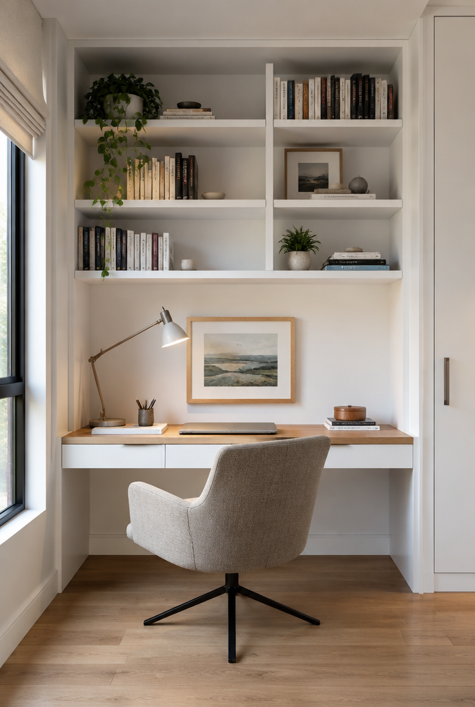 Alcove study with floating desk and floor-to-ceiling shelving