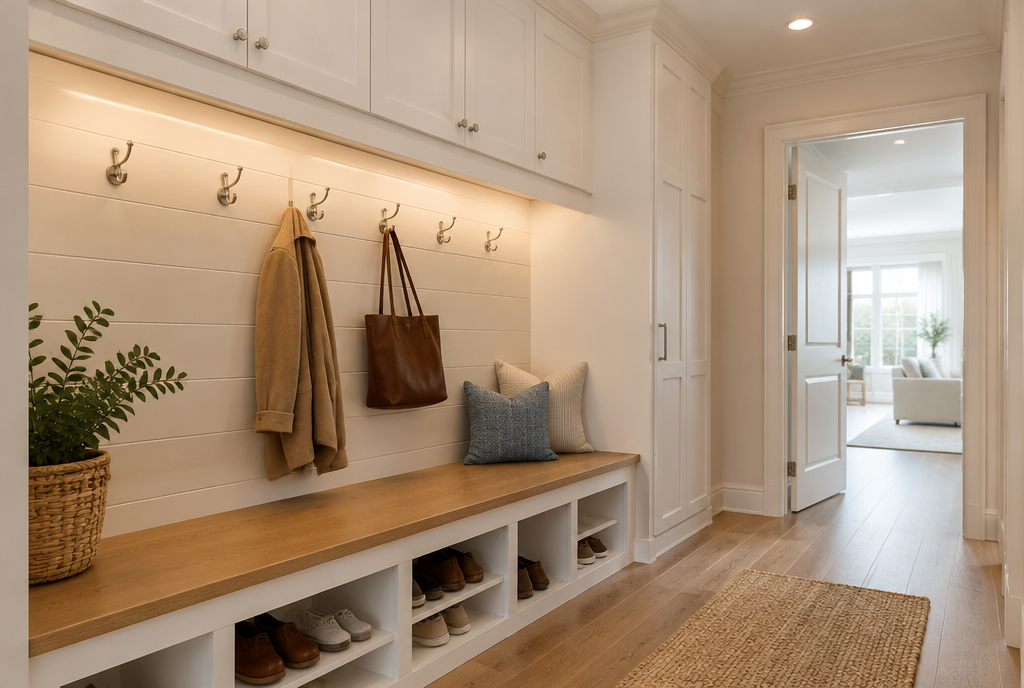 Entryway with built-in bench, overhead cabinetry, coat hooks and shoe storage