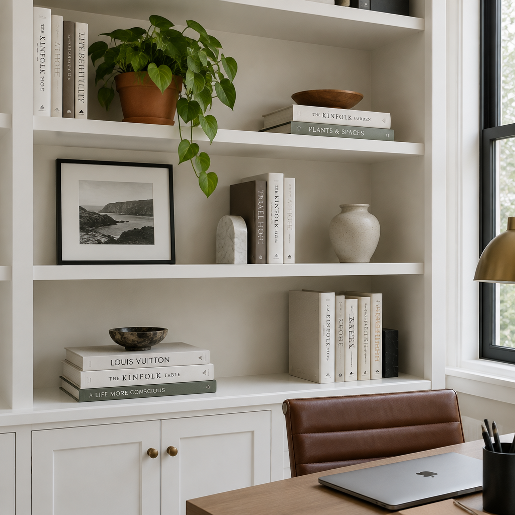 Display shelves with books, plants and framed art