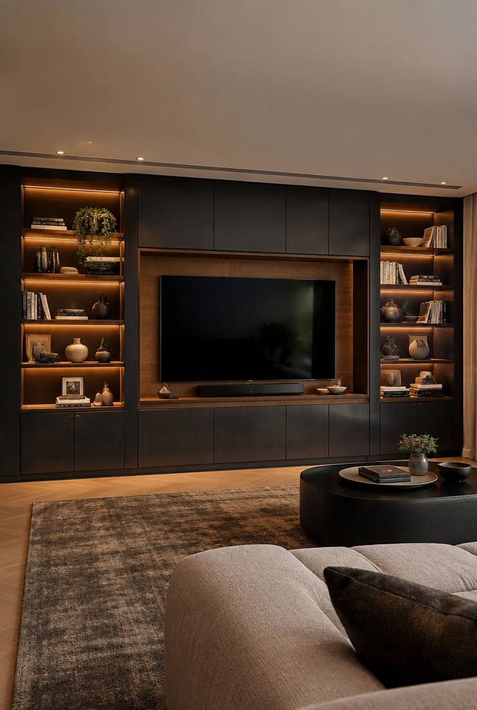 Dramatic entertainment unit with feature lighting, full-wall built-in