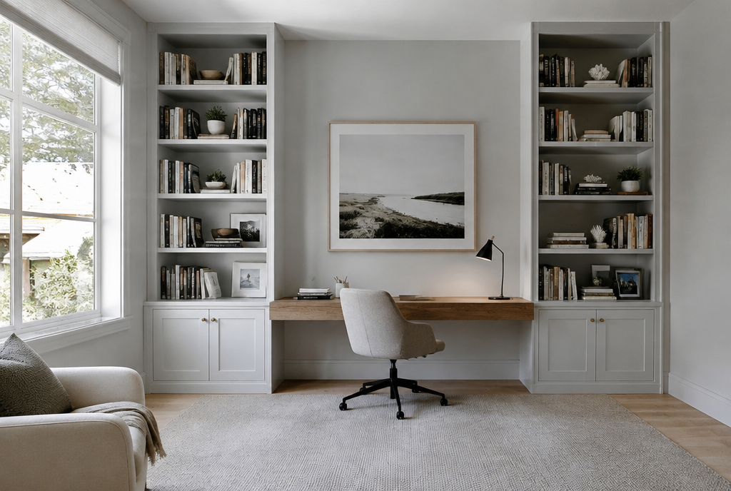 Home office with built-in desk and full-height bookshelves