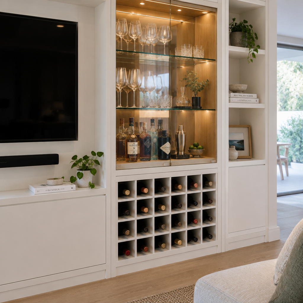 Bar cabinet with glass display and integrated wine rack