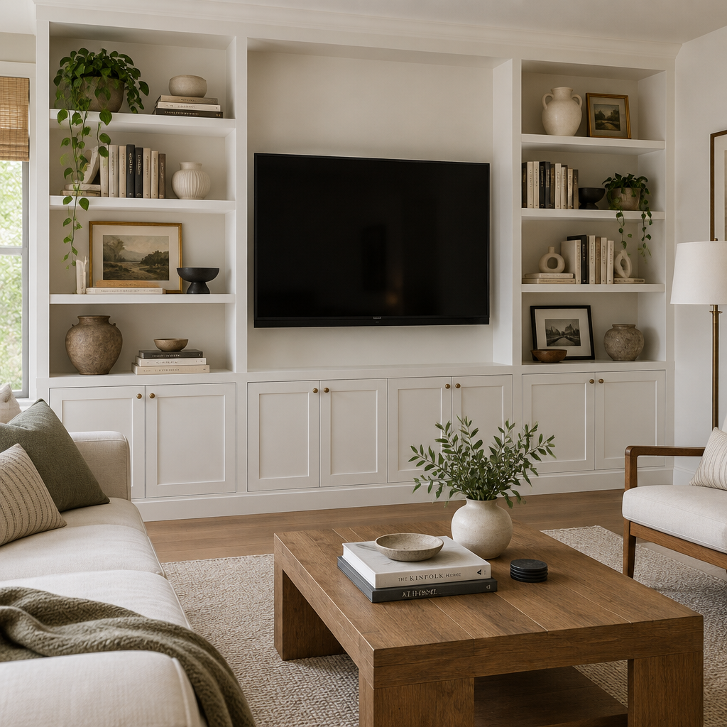 Display shelves with books, ceramics and plants flanking recessed TV