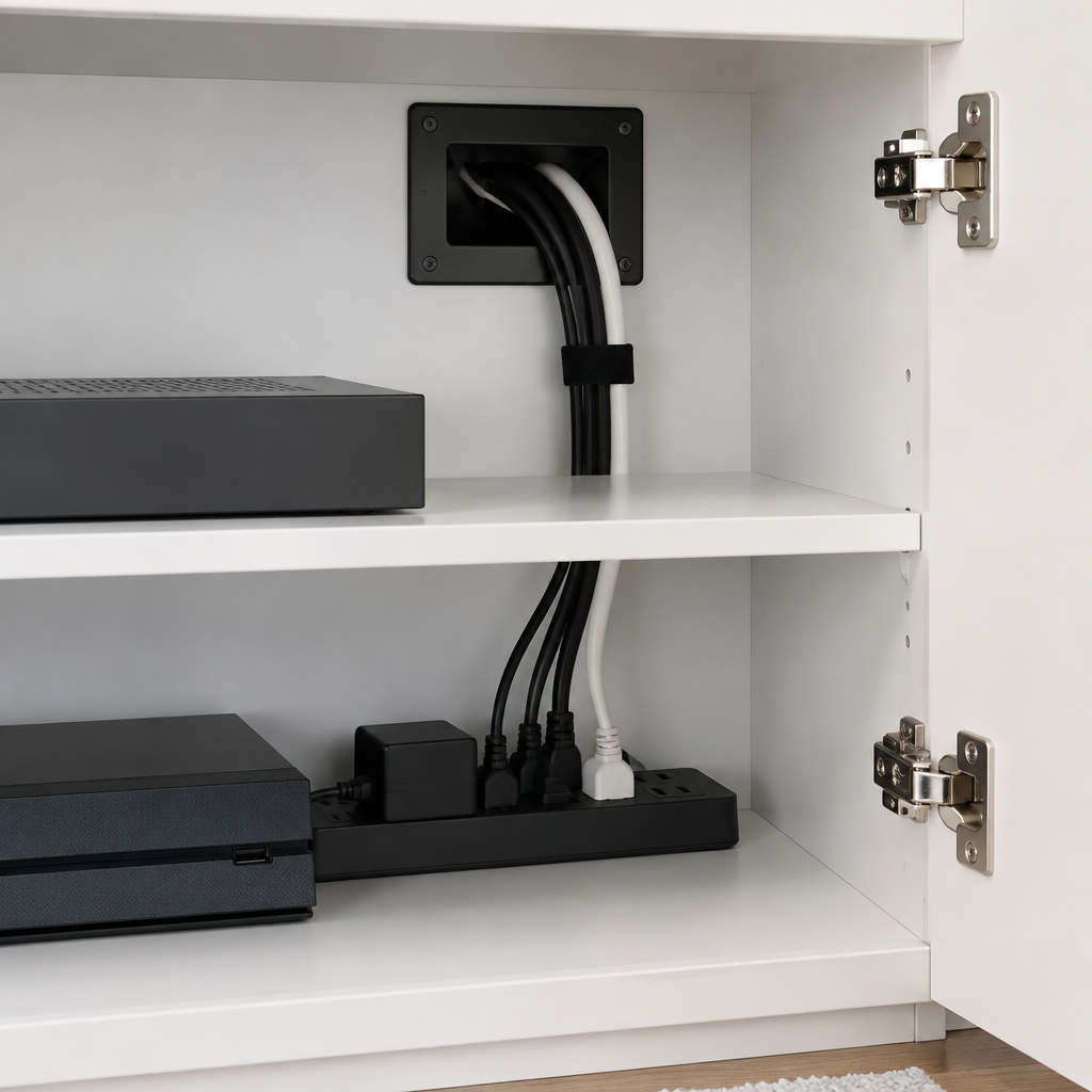 AV cable management detail in clean white cabinetry