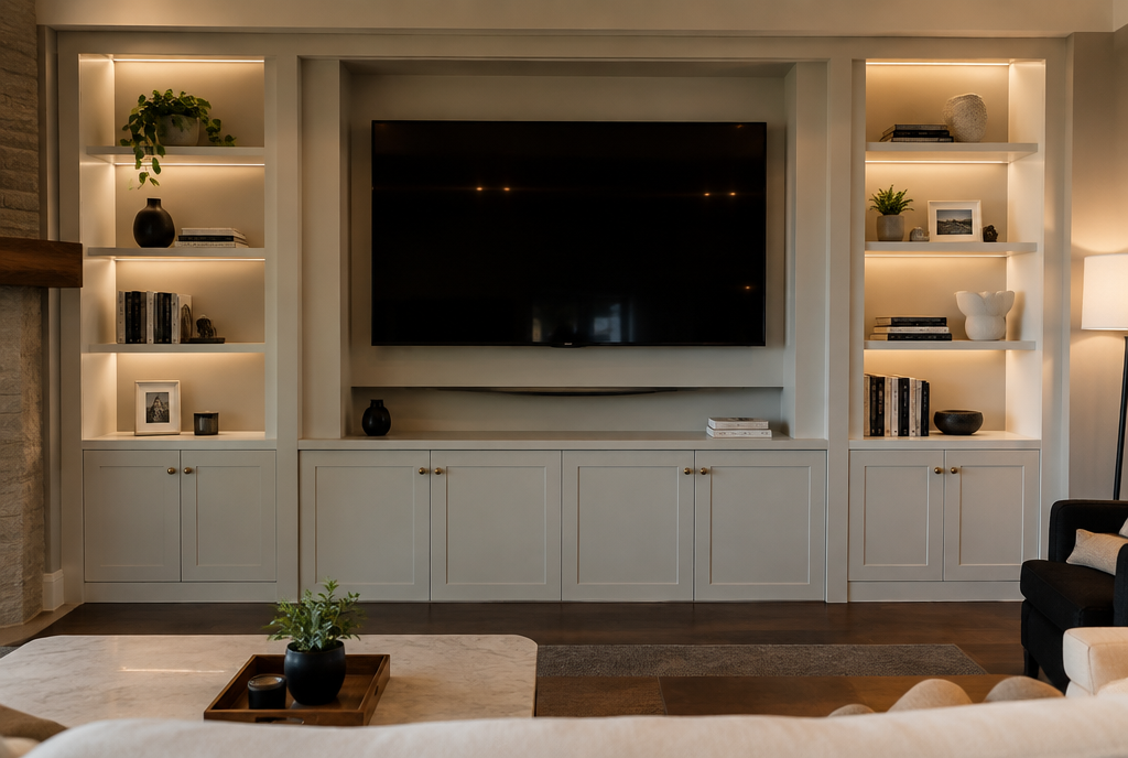 Living room media wall with inset TV niche, flanking display shelves and integrated cabinetry