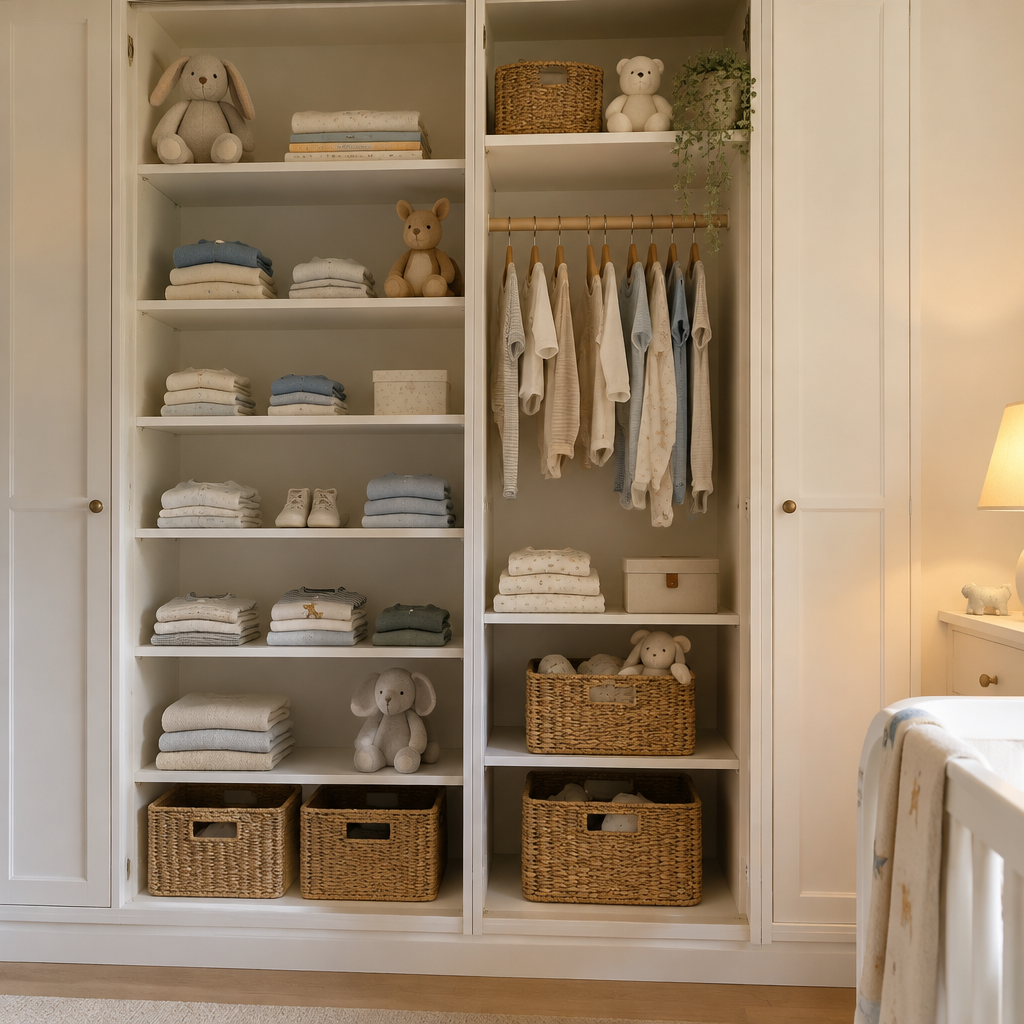 Nursery-stage wardrobe with soft cubbies and low-reach shelving