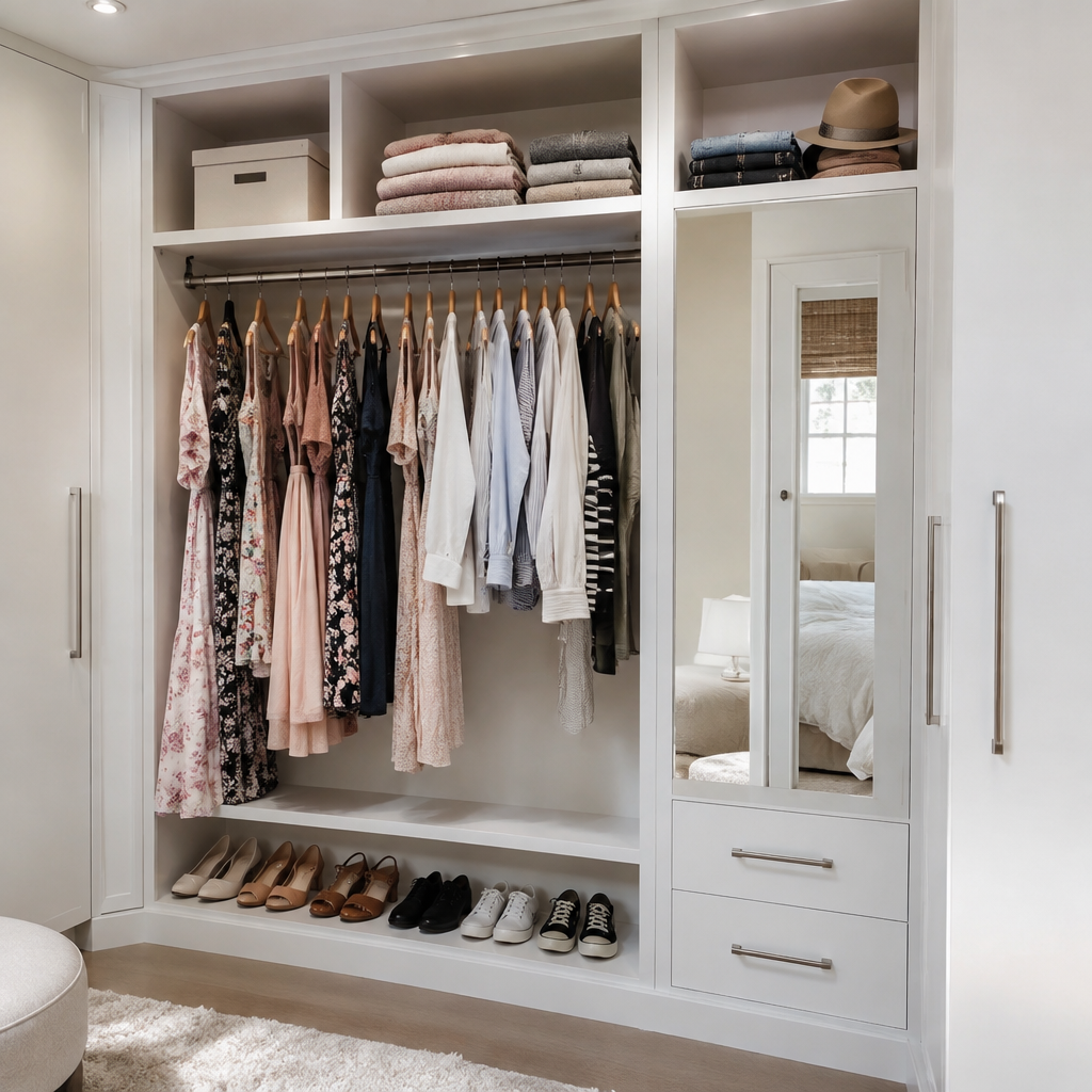 Teenager-configured wardrobe with full-height hanging, drawers and desk space